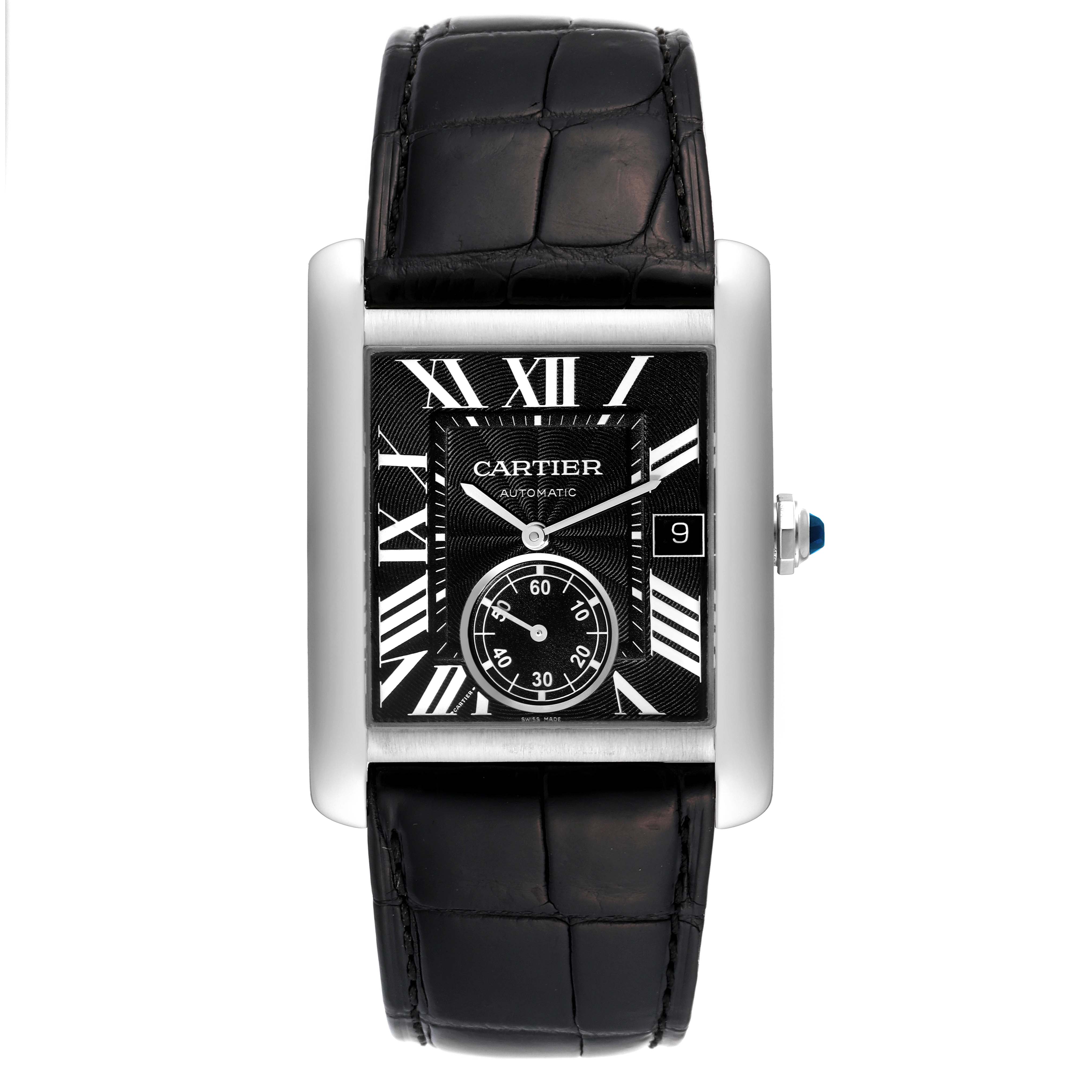 The image shows a front view of a Cartier Tank MC W5330004 Men
s Stainless Steel Black Dial W5330004 Men
s Stainless Steel Black Dial watch, highlighting its dial, Roman numerals, and black leather strap.
