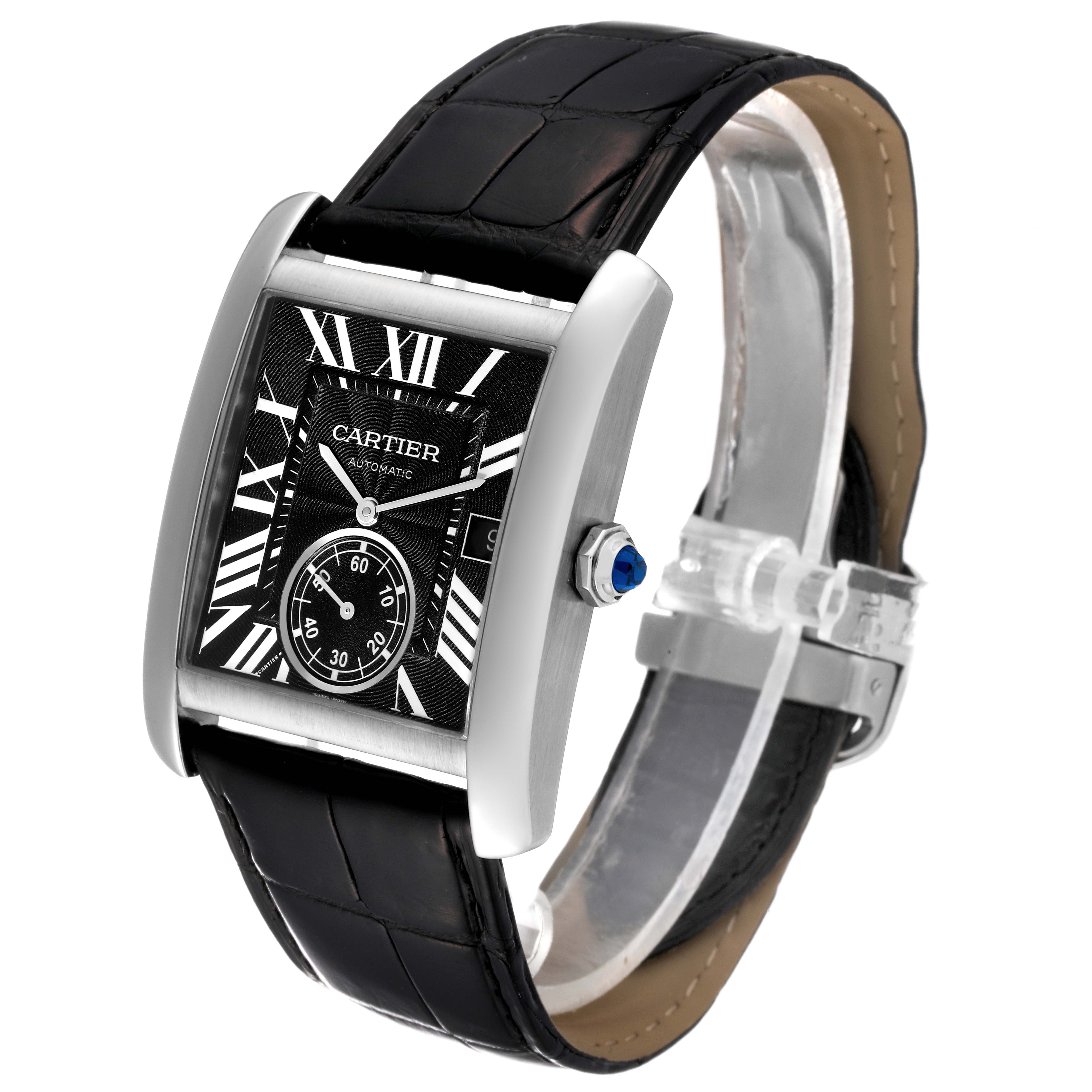 The Cartier Tank MC W5330004 Men
s Stainless Steel Black Dial W5330004 Men
s Stainless Steel Black Dial watch is shown at an angled view, highlighting the rectangular case, black dial, Roman numerals, and leather strap.