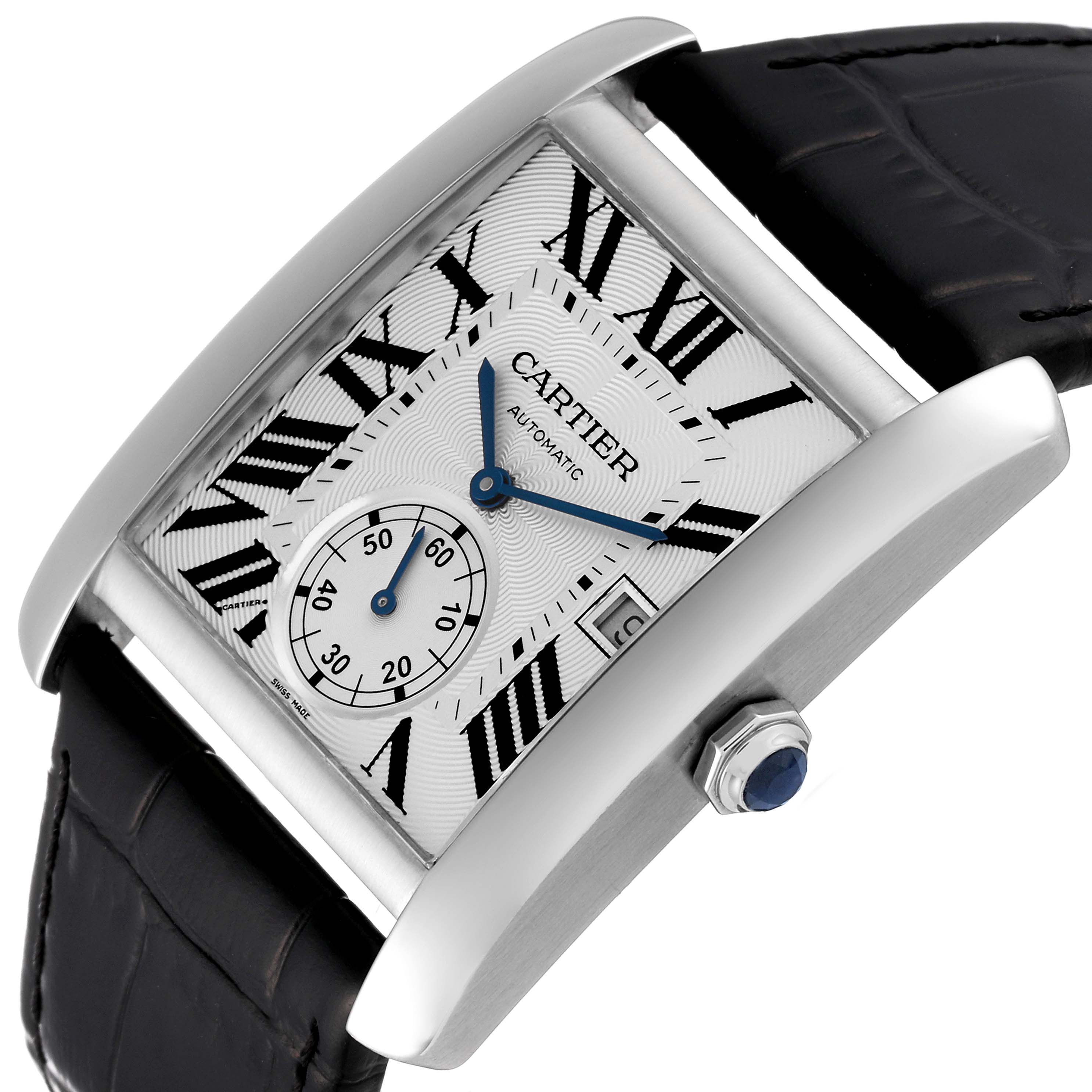 The Cartier Tank MC W5330003 Men
s Stainless Steel Silver Dial W5330003 Men
s Stainless Steel Silver Dial watch is shown at an angled perspective, highlighting its dial, bezel, crown, and part of the strap.