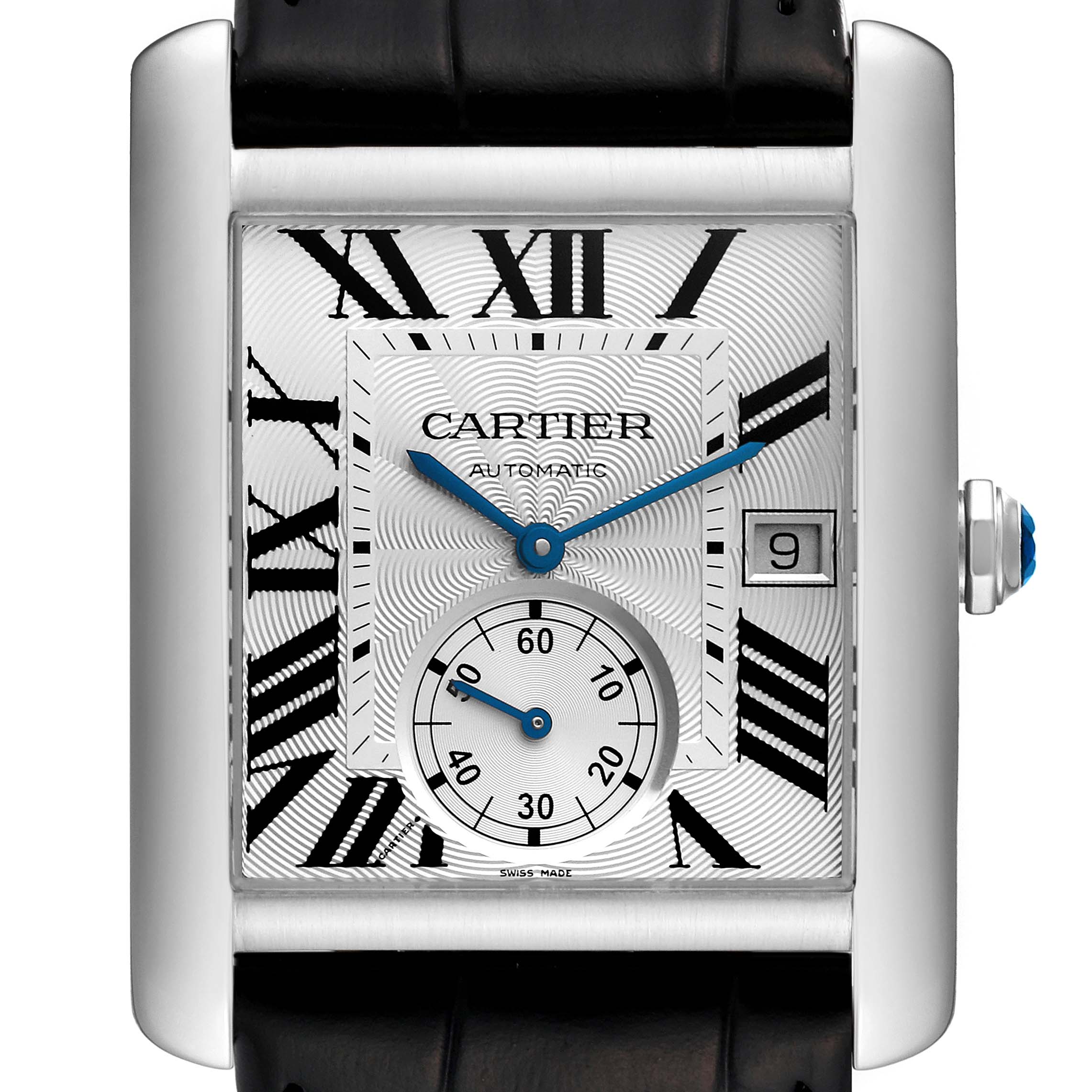 The image shows a close-up of the Cartier Tank MC W5330003 Men
s Stainless Steel Silver Dial W5330003 Men
s Stainless Steel Silver Dial watch, highlighting its face, hands, and date display.