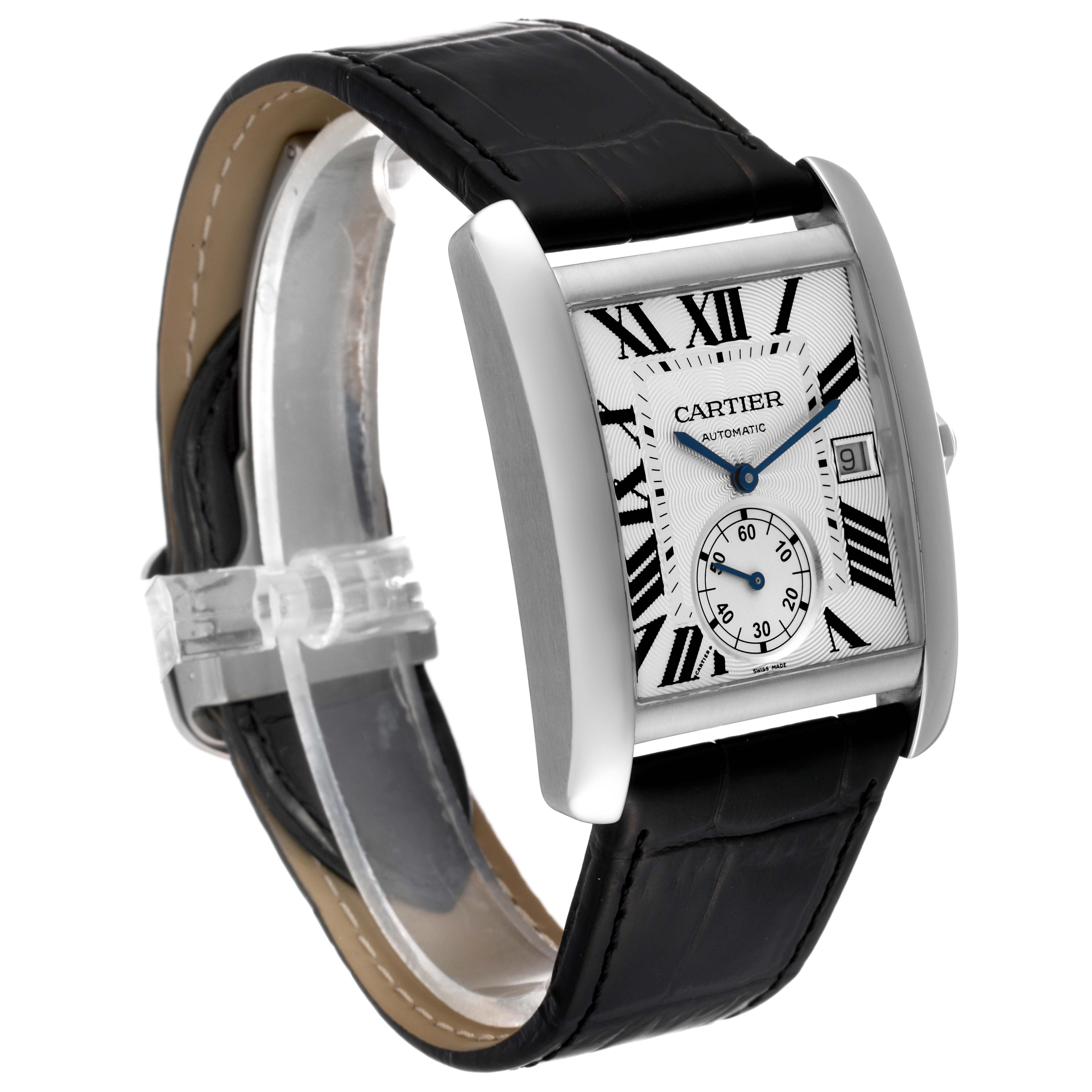 The image shows a Cartier Tank MC W5330003 Men
s Stainless Steel Silver Dial W5330003 Men
s Stainless Steel Silver Dial watch from an oblique angle featuring its face, strap, and crown.