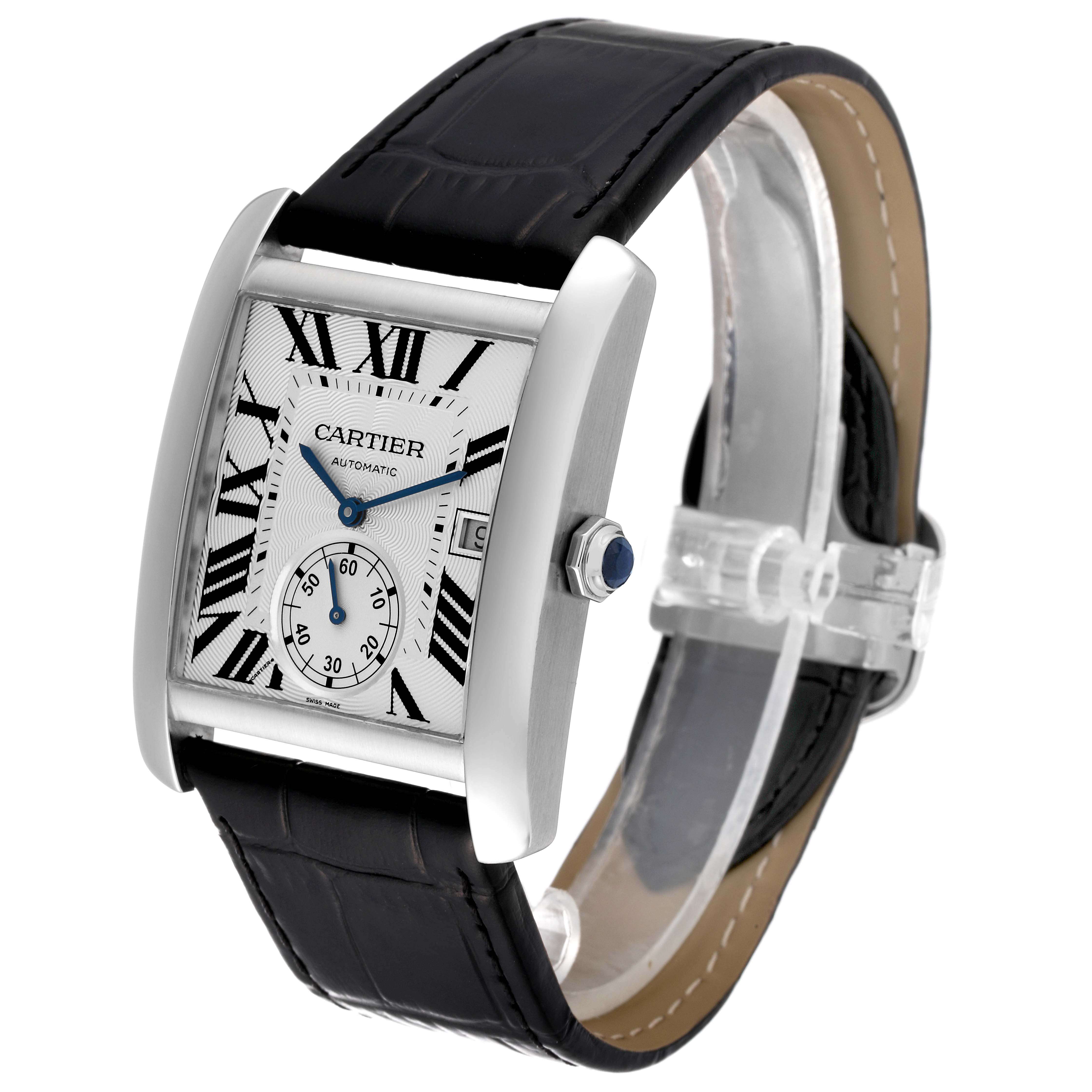 This image shows a front and slightly angled view of the Cartier Tank MC W5330003 Men
s Stainless Steel Silver Dial W5330003 Men
s Stainless Steel Silver Dial watch, highlighting the face, strap, and side crown.