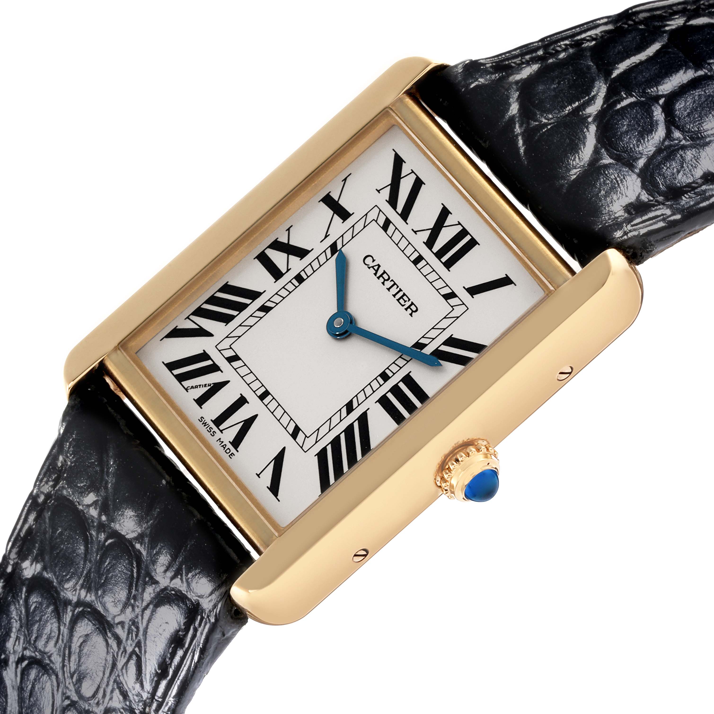 The Cartier Tank Solo W5200004 Men's Steel and Gold (two tone) Silver Dial W5200004 Men's Steel and Gold (two tone) Silver Dial watch is shown from a top angle, displaying the face, case, crown, and part of the strap.
