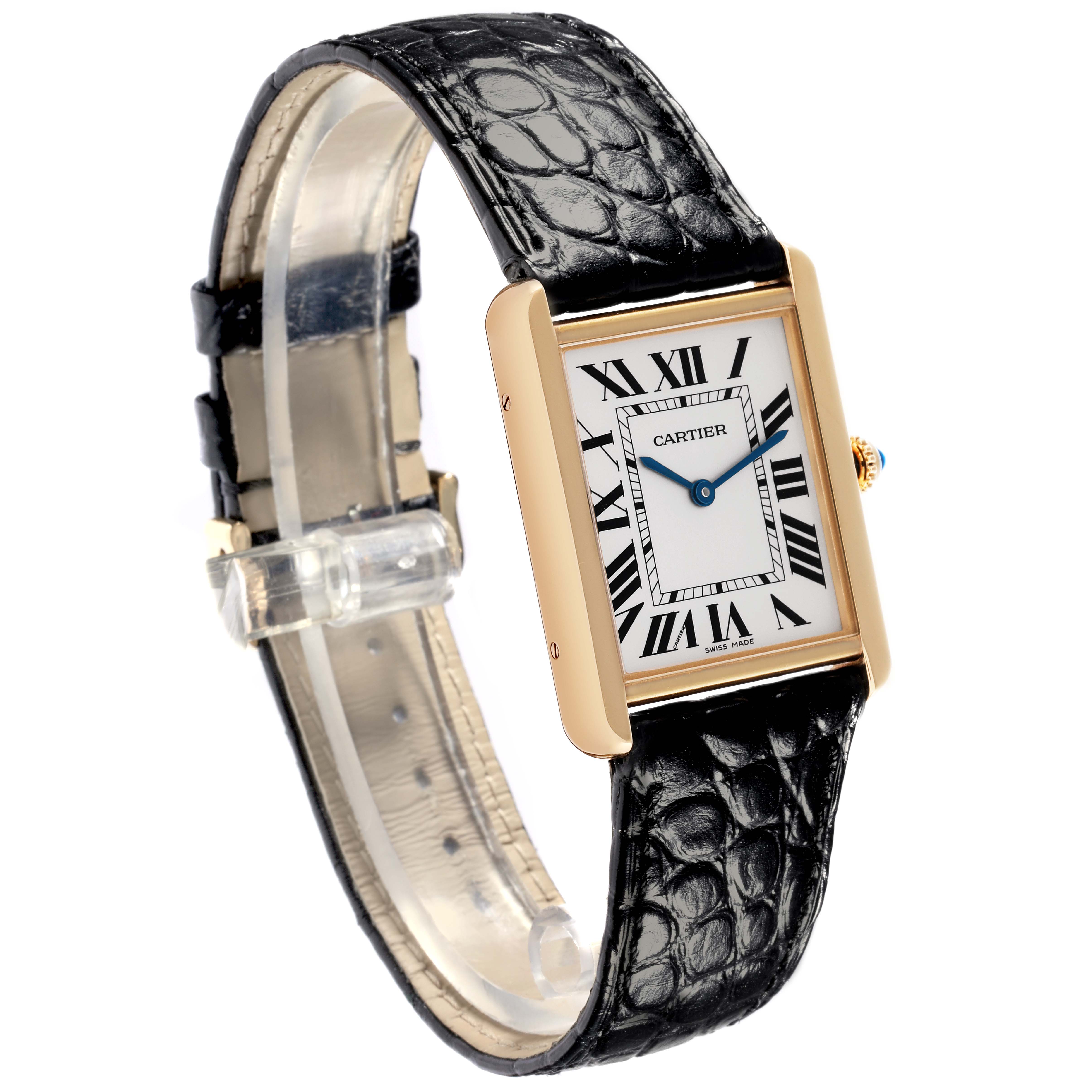 The Cartier Tank Solo W5200004 Men's Steel and Gold (two tone) Silver Dial W5200004 Men's Steel and Gold (two tone) Silver Dial watch is shown at a slight angle, highlighting the face, leather strap, and side crown detail.