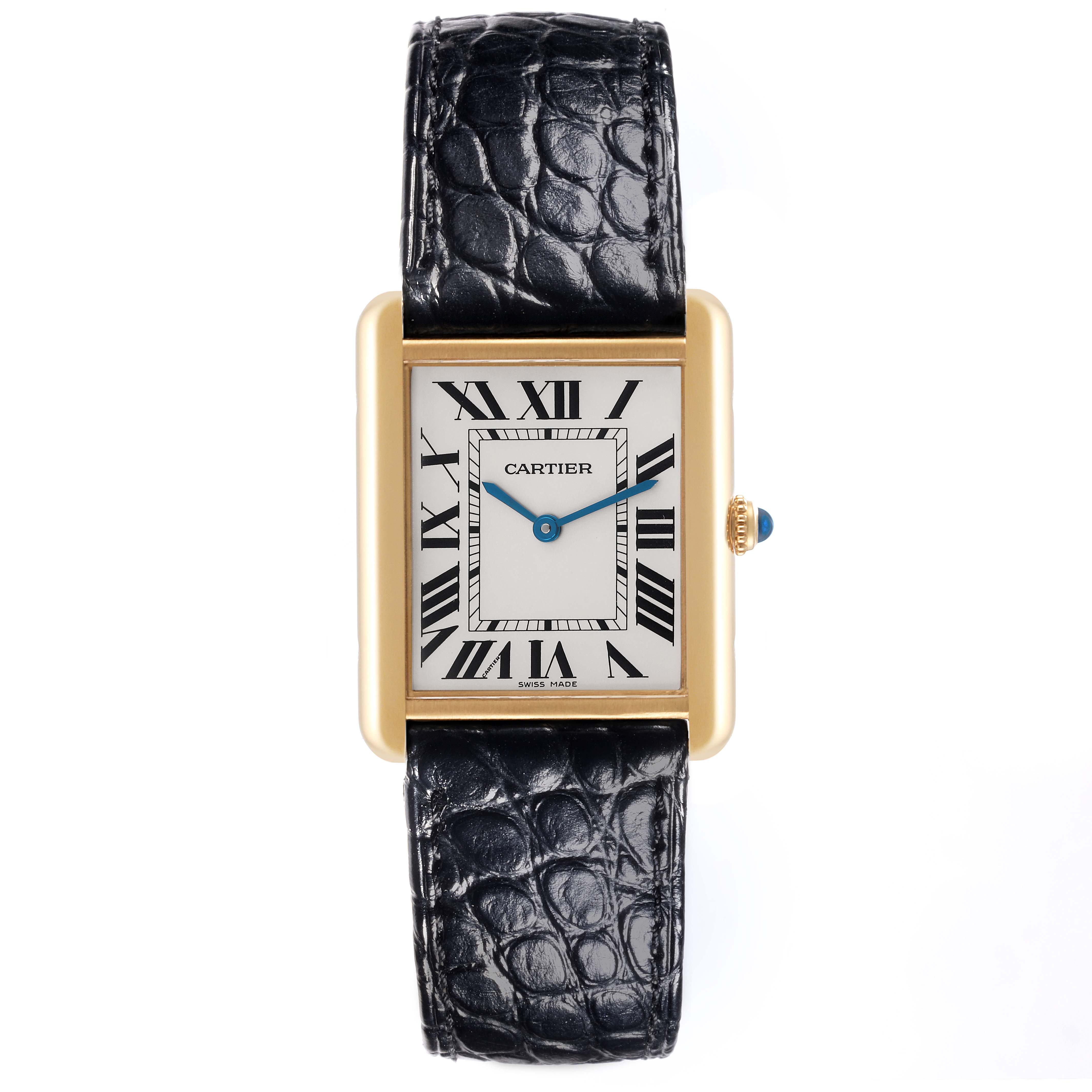 The Cartier Tank Solo W5200004 Men's Steel and Gold (two tone) Silver Dial W5200004 Men's Steel and Gold (two tone) Silver Dial watch is shown from a front angle, displaying its rectangular face, Roman numerals, and black leather strap.