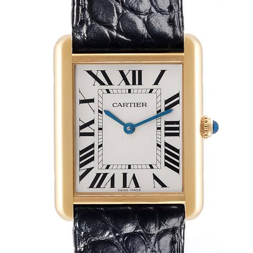 This Cartier Tank Solo watch is shown from the front, highlighting the rectangular face, Roman numerals, and black leather strap.