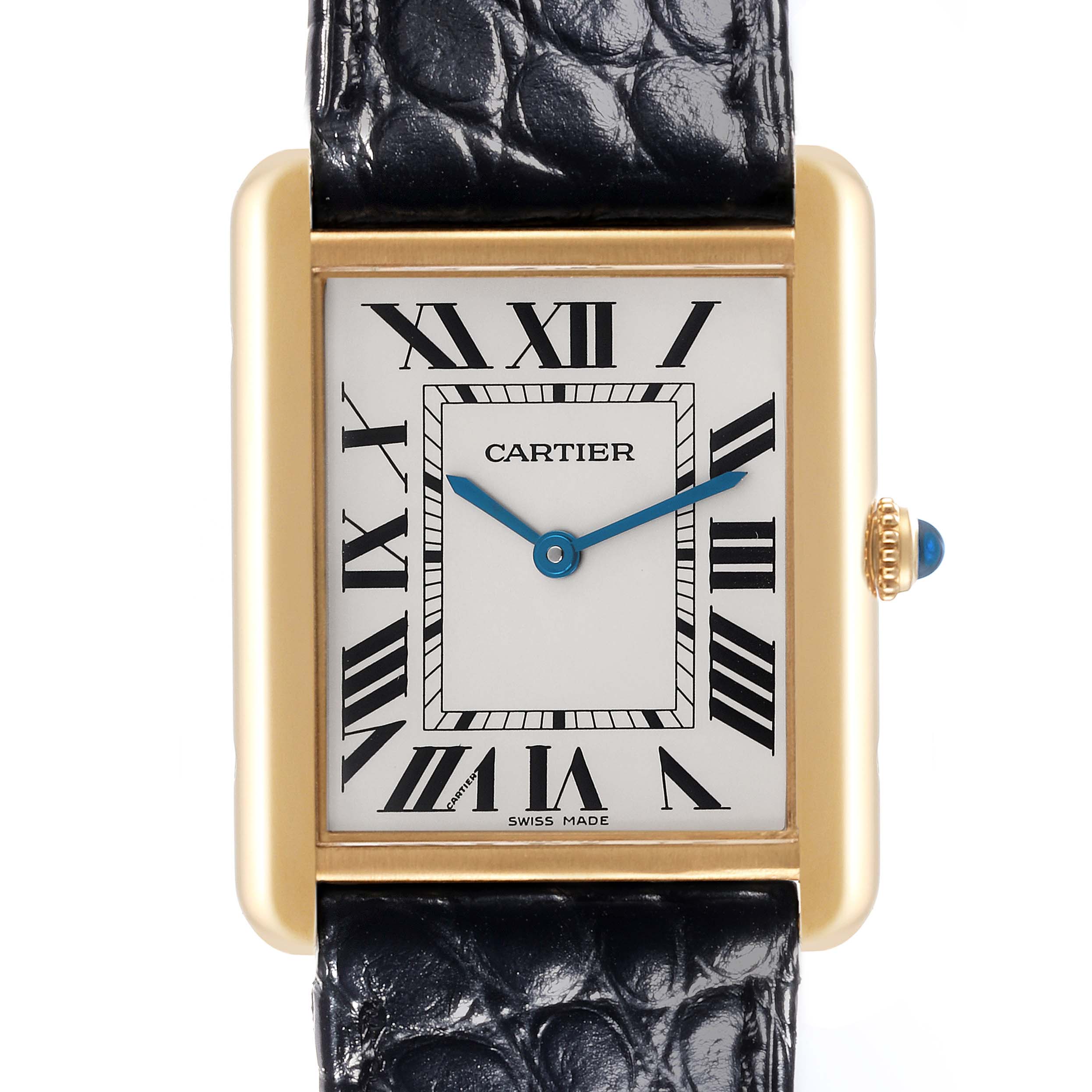 The Cartier Tank Solo W5200004 Men's Steel and Gold (two tone) Silver Dial W5200004 Men's Steel and Gold (two tone) Silver Dial watch is shown from a front view, highlighting the dial, Roman numerals, blue hands, and leather strap.