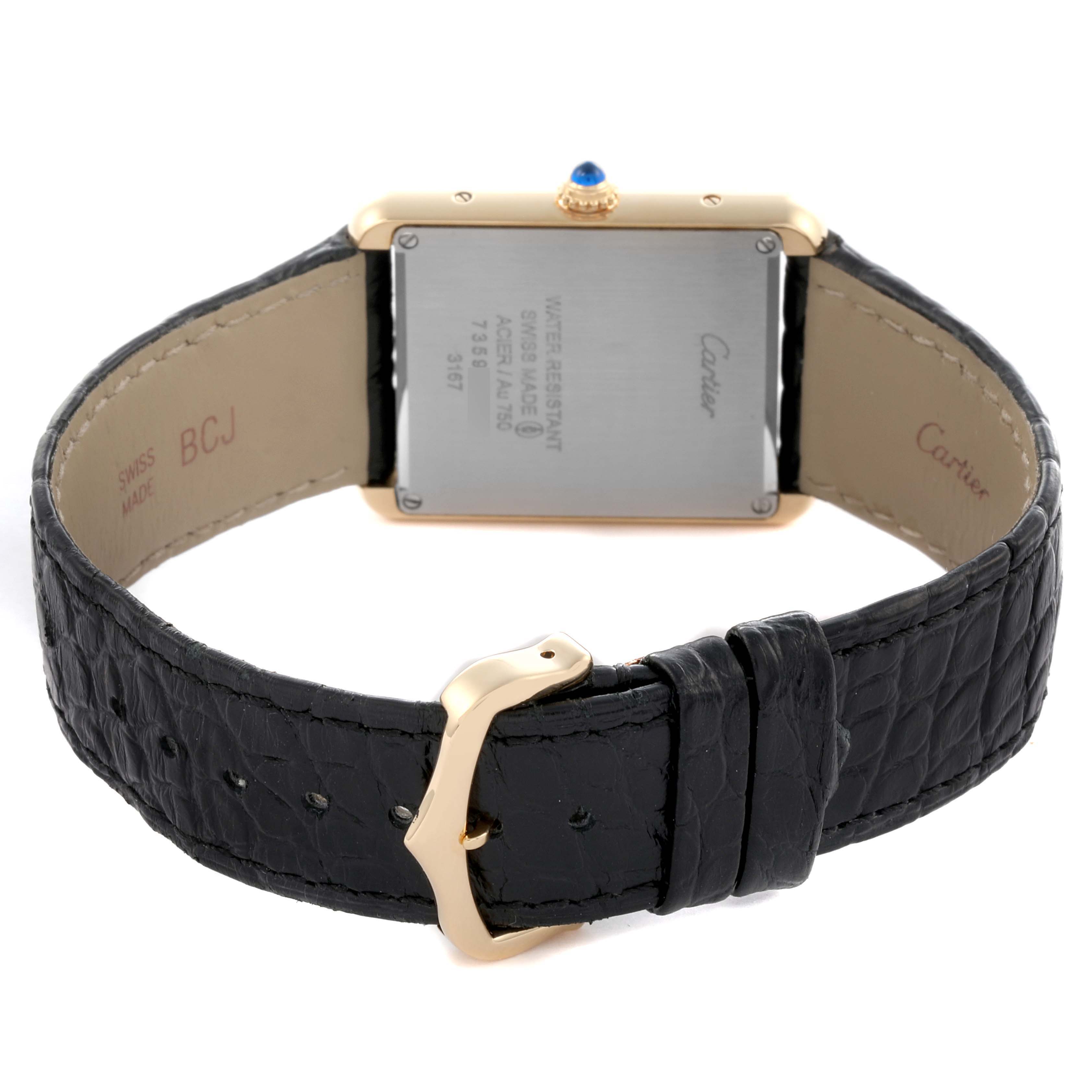 The image shows the back of a Cartier Tank Solo W5200004 Men's Steel and Gold (two tone) Silver Dial W5200004 Men's Steel and Gold (two tone) Silver Dial watch, highlighting the case back, strap, and buckle.