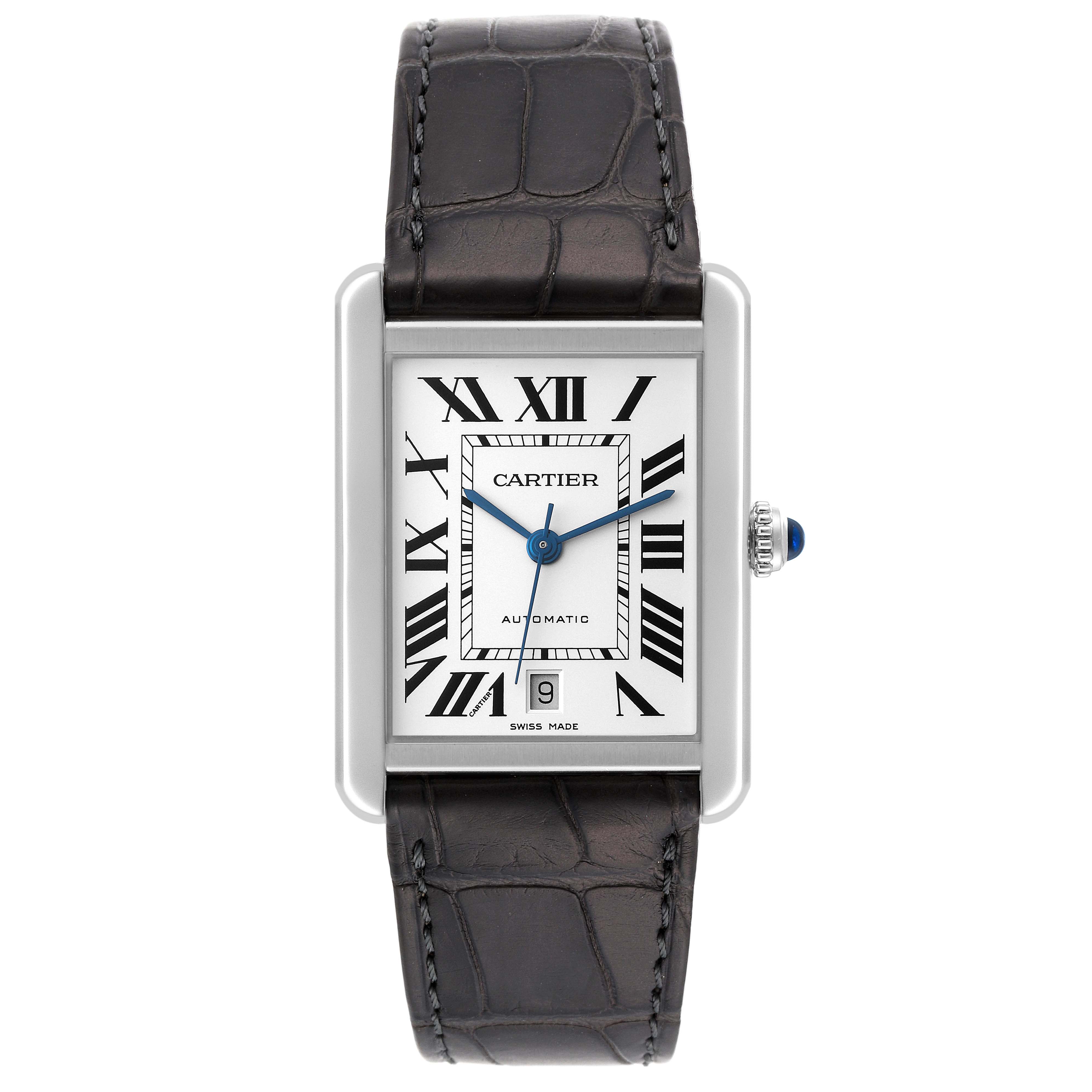 The watch is a Cartier Tank Solo WSTA0029 Men's Stainless Steel Silver Dial WSTA0029 Men's Stainless Steel Silver Dial, viewed from the front displaying the dial, hands, case, and leather strap.