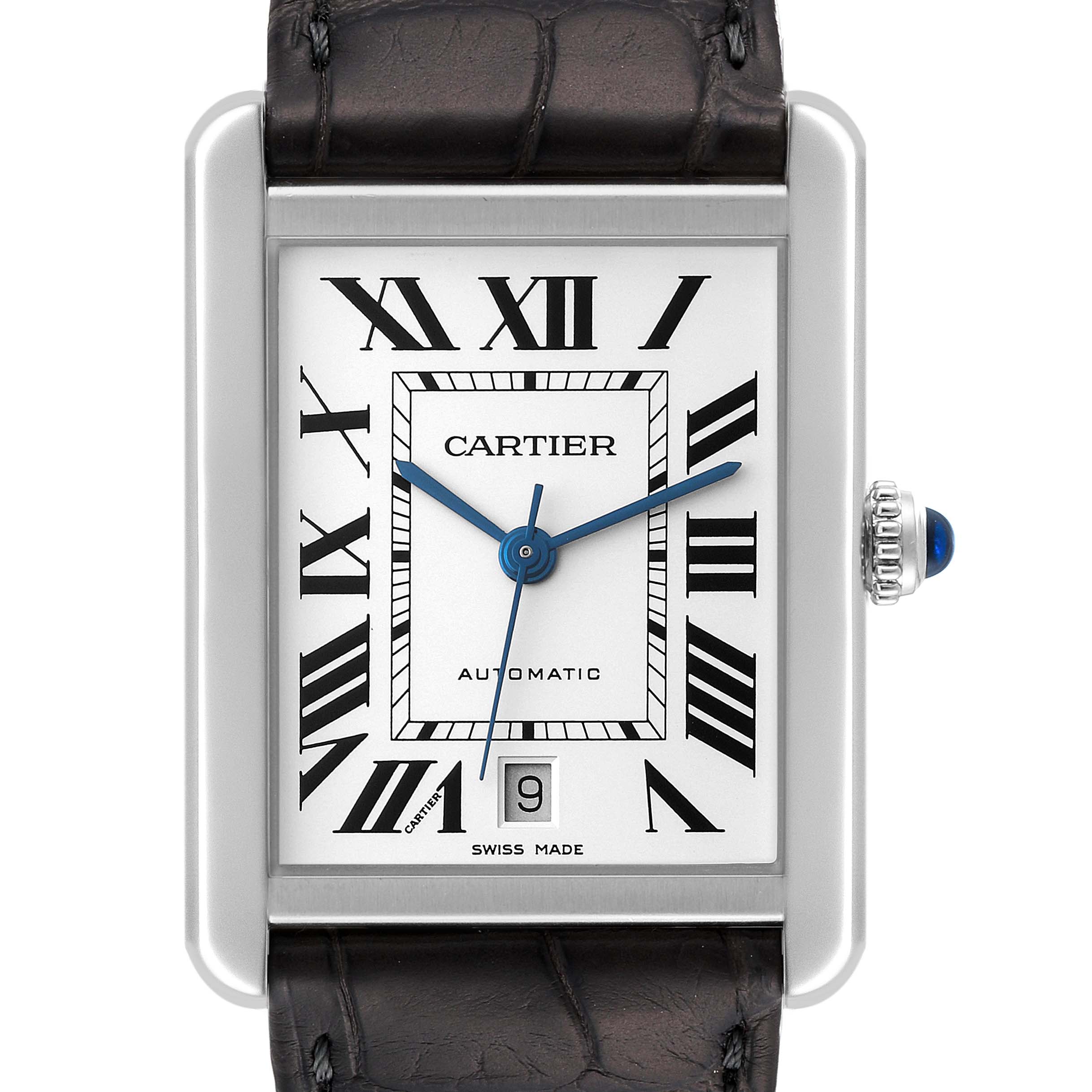 The image shows a front view of the Cartier Tank Solo WSTA0029 Men's Stainless Steel Silver Dial WSTA0029 Men's Stainless Steel Silver Dial watch, highlighting its rectangular face, Roman numerals, and leather strap.