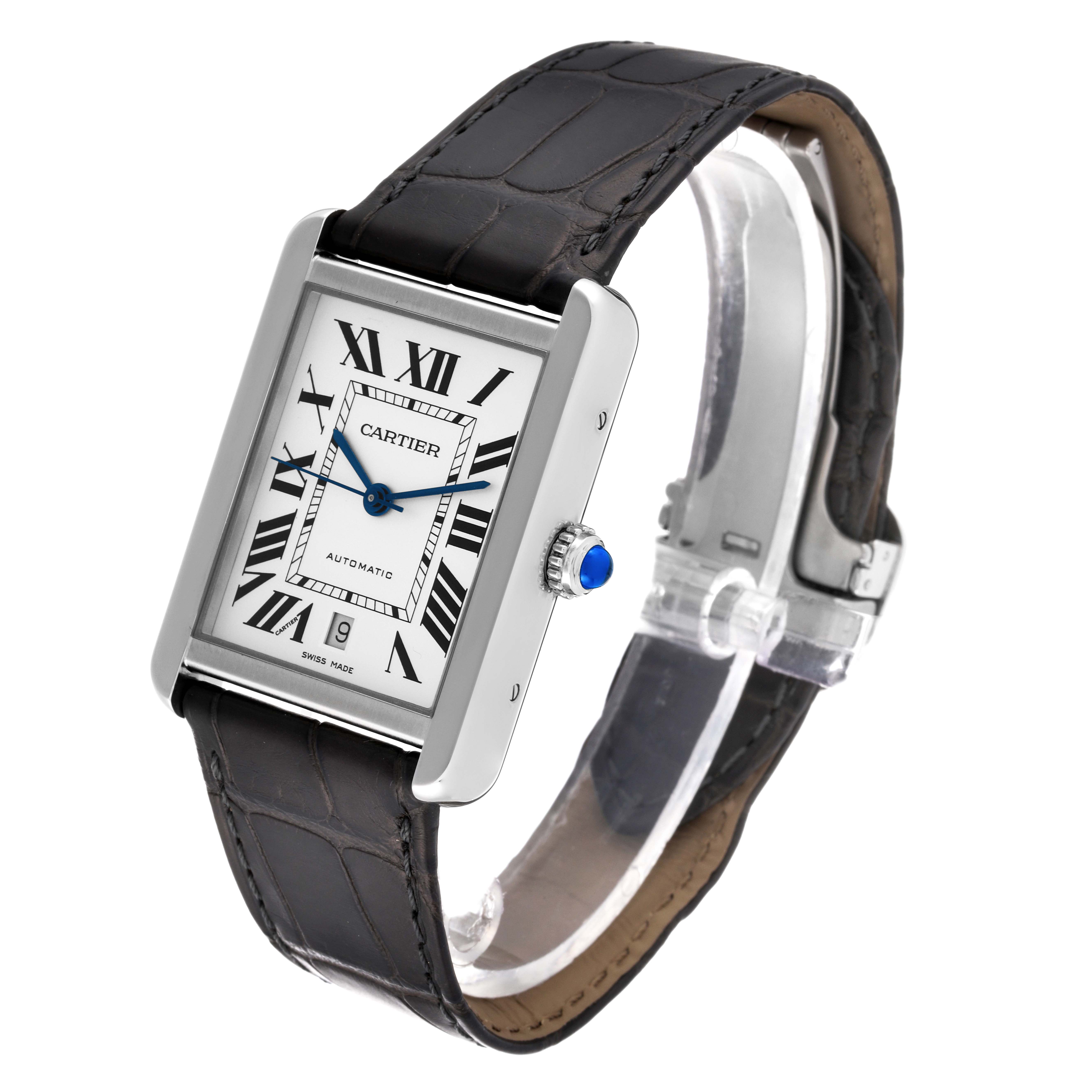 The image shows a Cartier Tank Solo WSTA0029 Men's Stainless Steel Silver Dial WSTA0029 Men's Stainless Steel Silver Dial watch at an angle, highlighting its rectangular face, blue dial, and black leather strap.