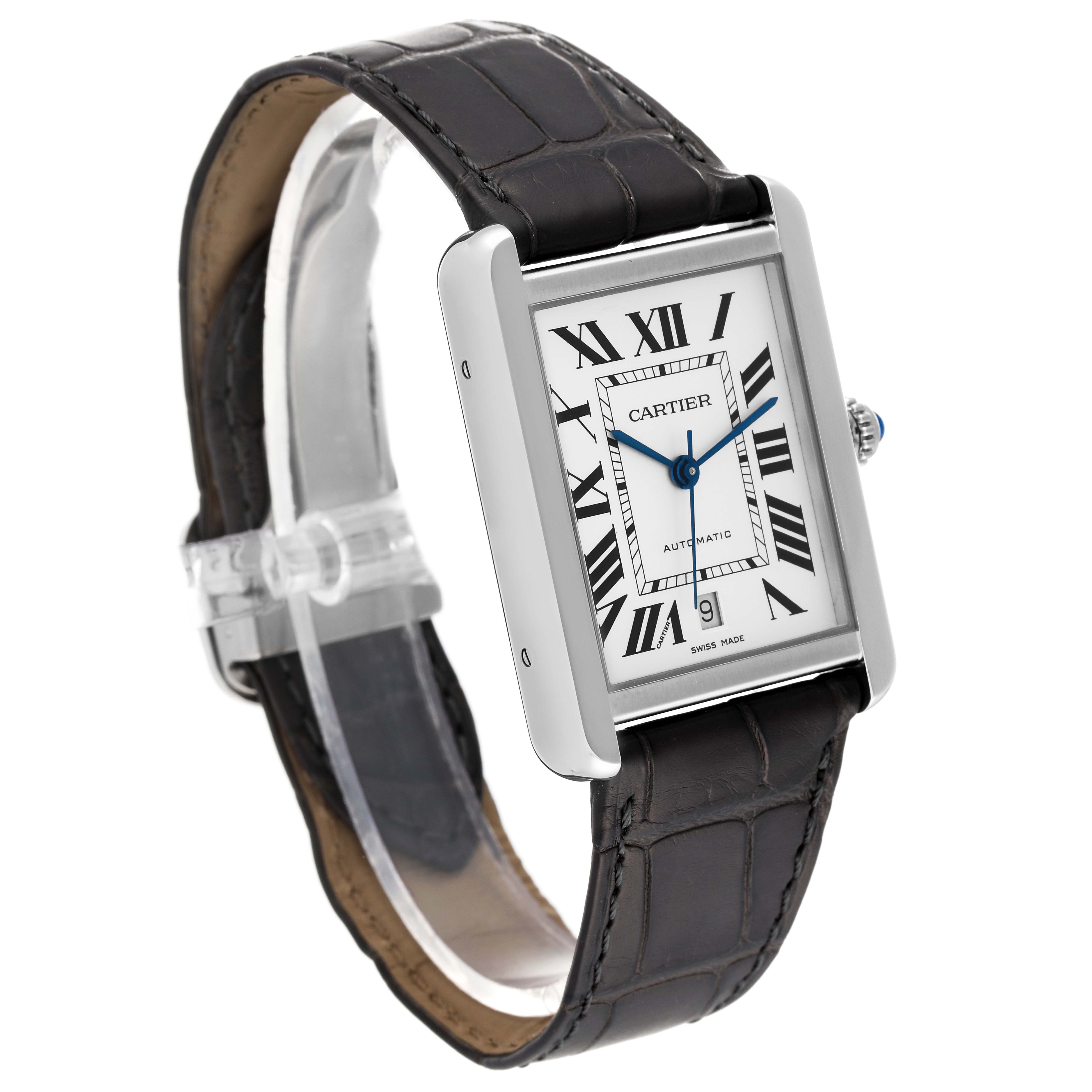 The Cartier Tank Solo WSTA0029 Men's Stainless Steel Silver Dial WSTA0029 Men's Stainless Steel Silver Dial watch is shown at a three-quarter angle, displaying its rectangular face, Roman numeral dial, and leather strap.