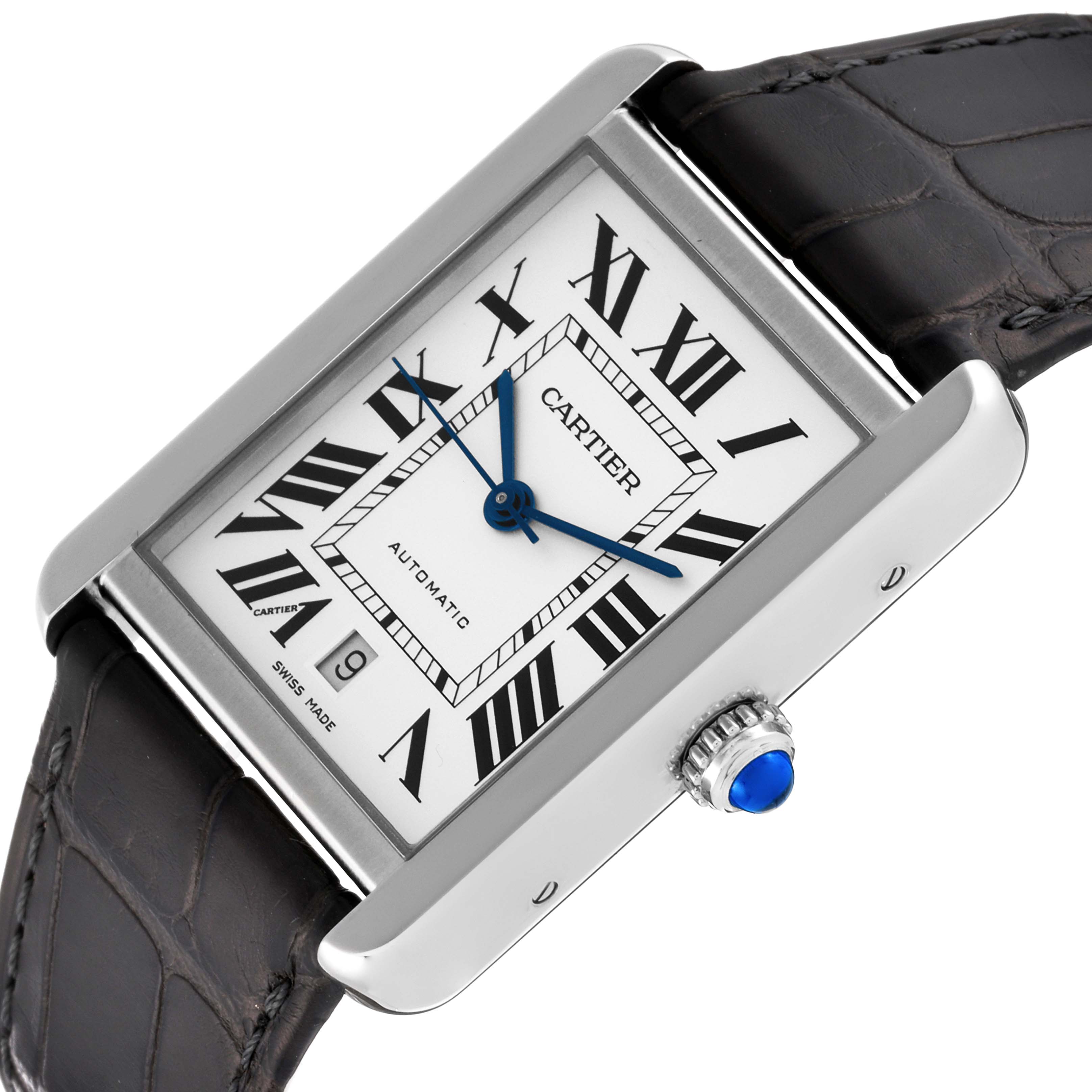 This image shows a close-up of the Cartier Tank Solo WSTA0029 Men's Stainless Steel Silver Dial WSTA0029 Men's Stainless Steel Silver Dial watch’s face, case, and crown at an angled view.
