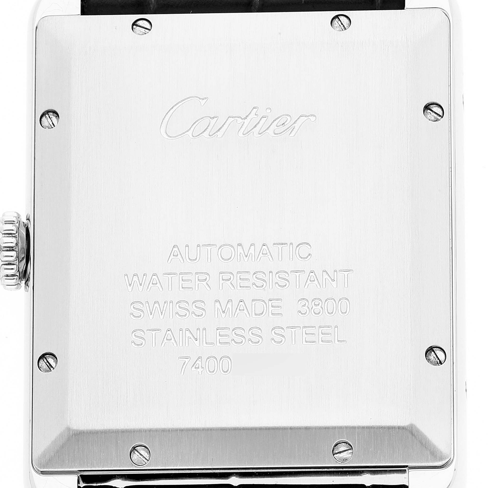 This image shows the back case of the Cartier Tank Solo WSTA0029 Men's Stainless Steel Silver Dial WSTA0029 Men's Stainless Steel Silver Dial watch, highlighting engravings and screws.