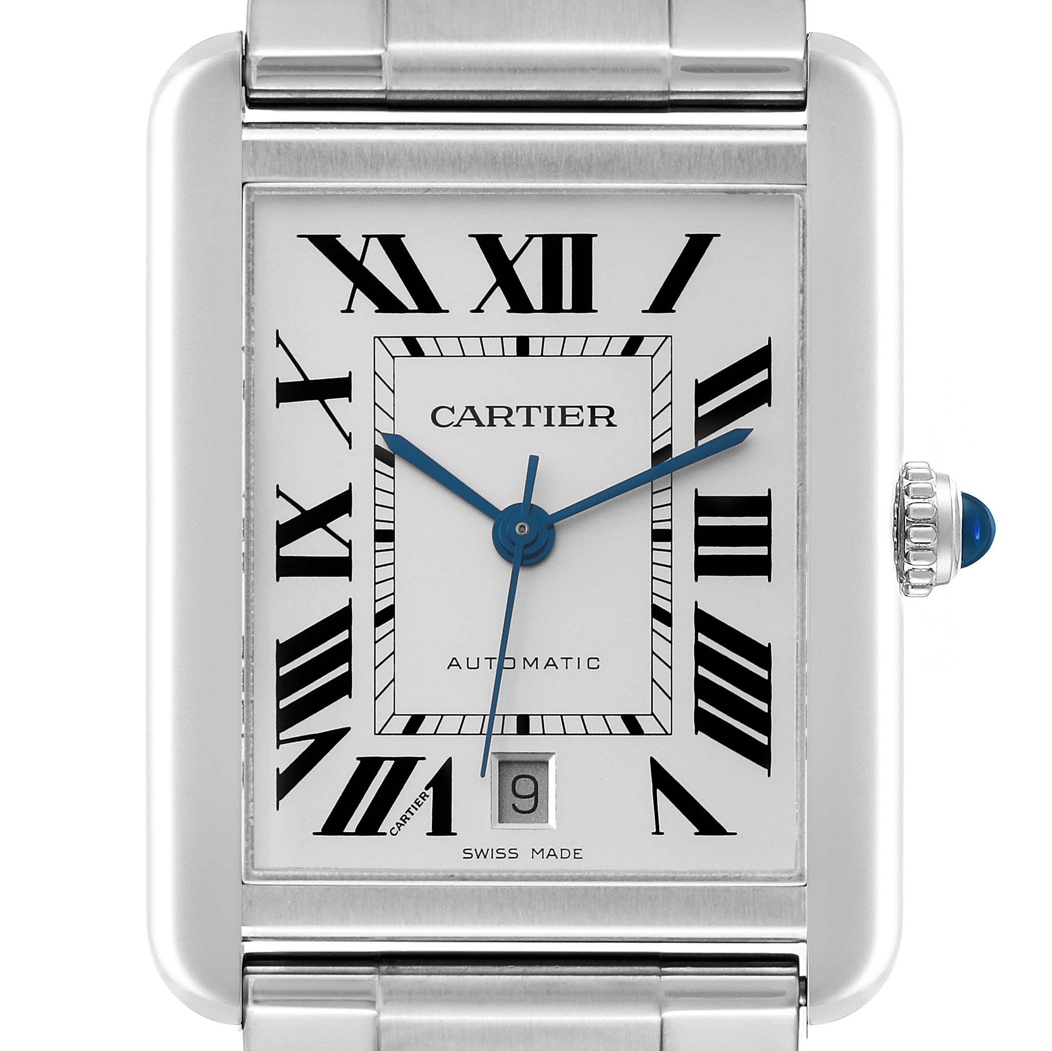 This image shows a close-up of the Cartier Tank Solo W5200028 Men
s Stainless Steel Silver Dial W5200028 Men
s Stainless Steel Silver Dial watch face, highlighting its Roman numerals, blue hands, and date window.