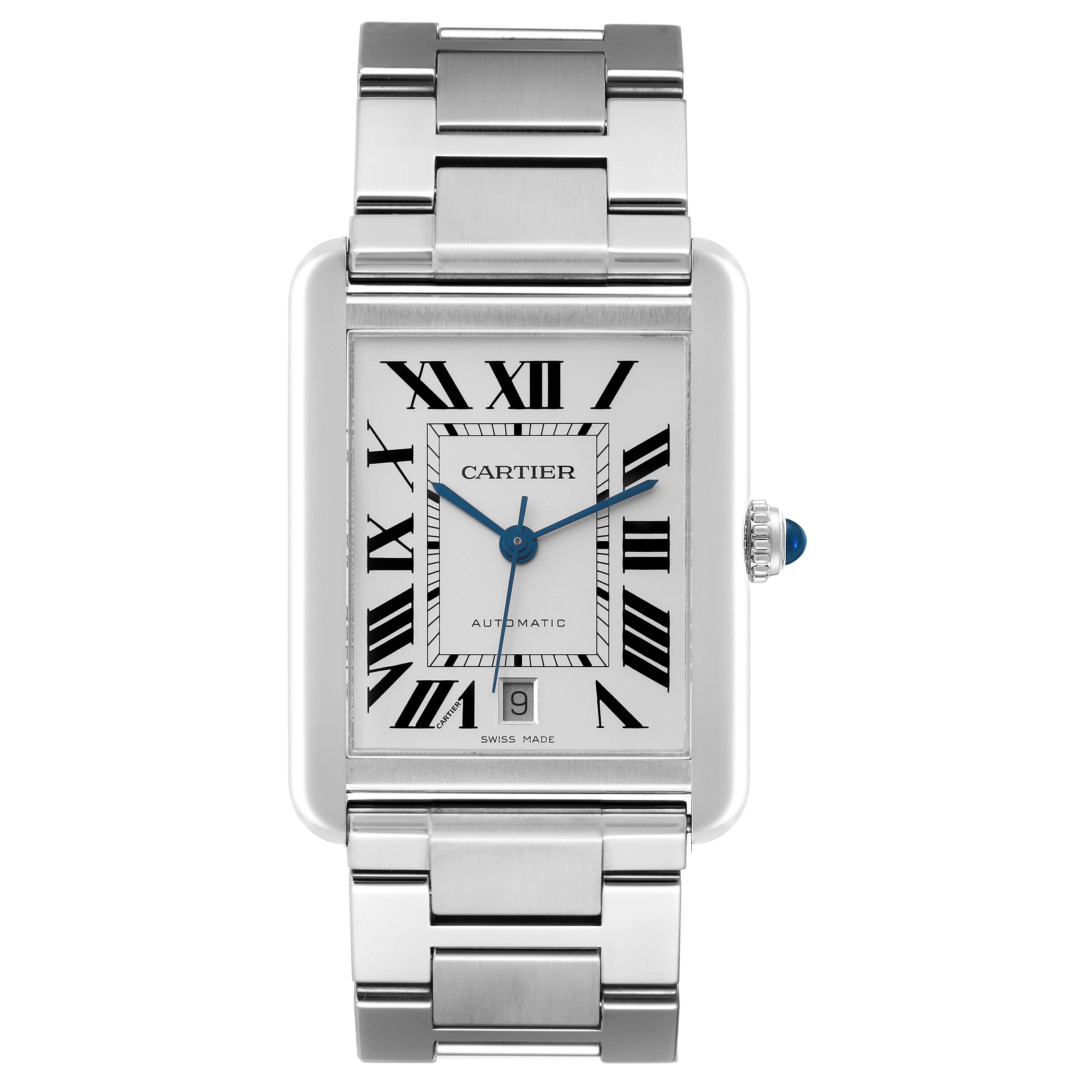The image displays a front view of the Cartier Tank Solo W5200028 Men
s Stainless Steel Silver Dial W5200028 Men
s Stainless Steel Silver Dial watch showcasing its face, bracelet, and crown.