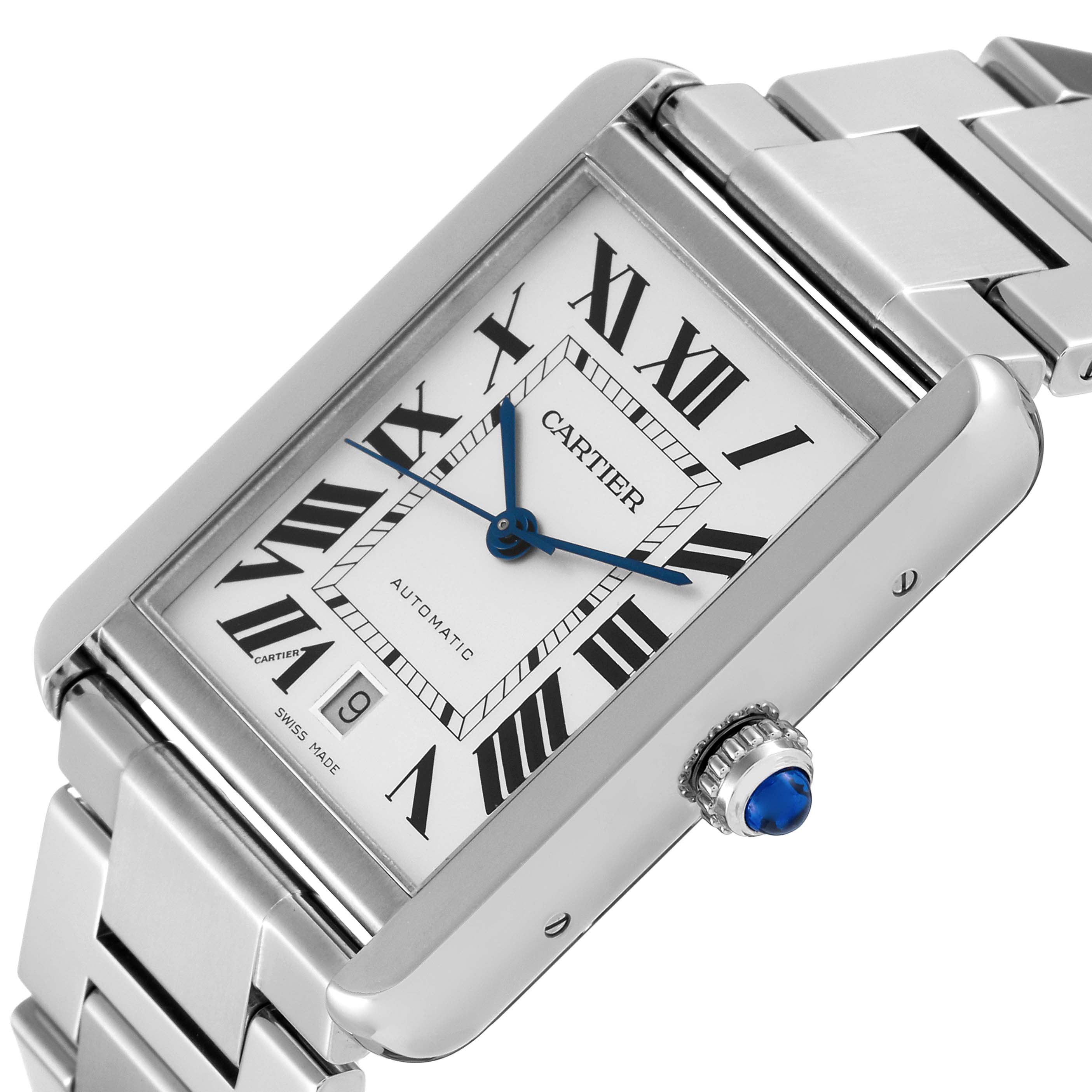The image shows a close-up angle of the Cartier Tank Solo W5200028 Men
s Stainless Steel Silver Dial W5200028 Men
s Stainless Steel Silver Dial watch, showcasing its dial, hands, crown, and part of the metal bracelet.