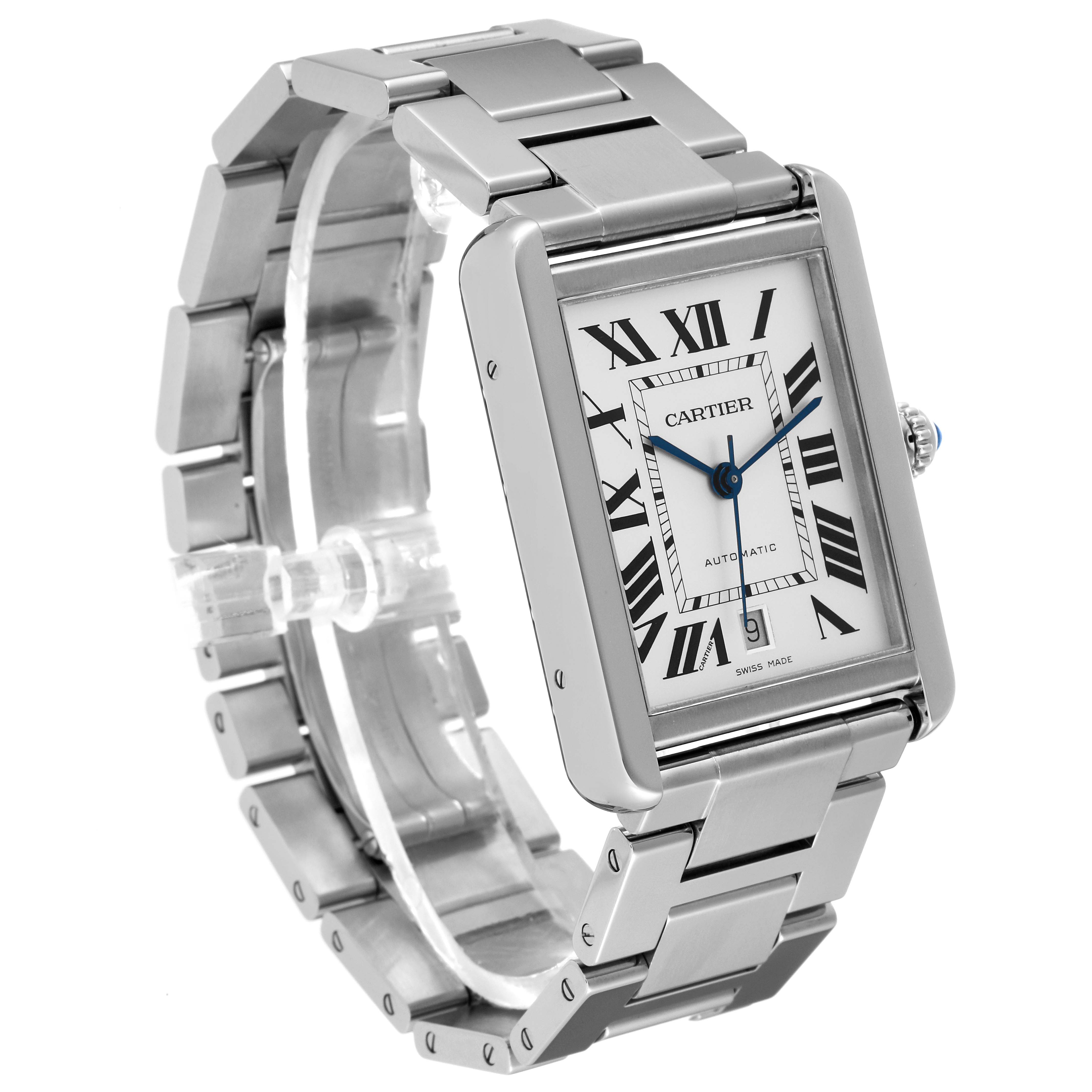 The image shows a Cartier Tank Solo W5200028 Men
s Stainless Steel Silver Dial W5200028 Men
s Stainless Steel Silver Dial watch at an angled view, displaying its rectangular face, Roman numerals, and metal bracelet.