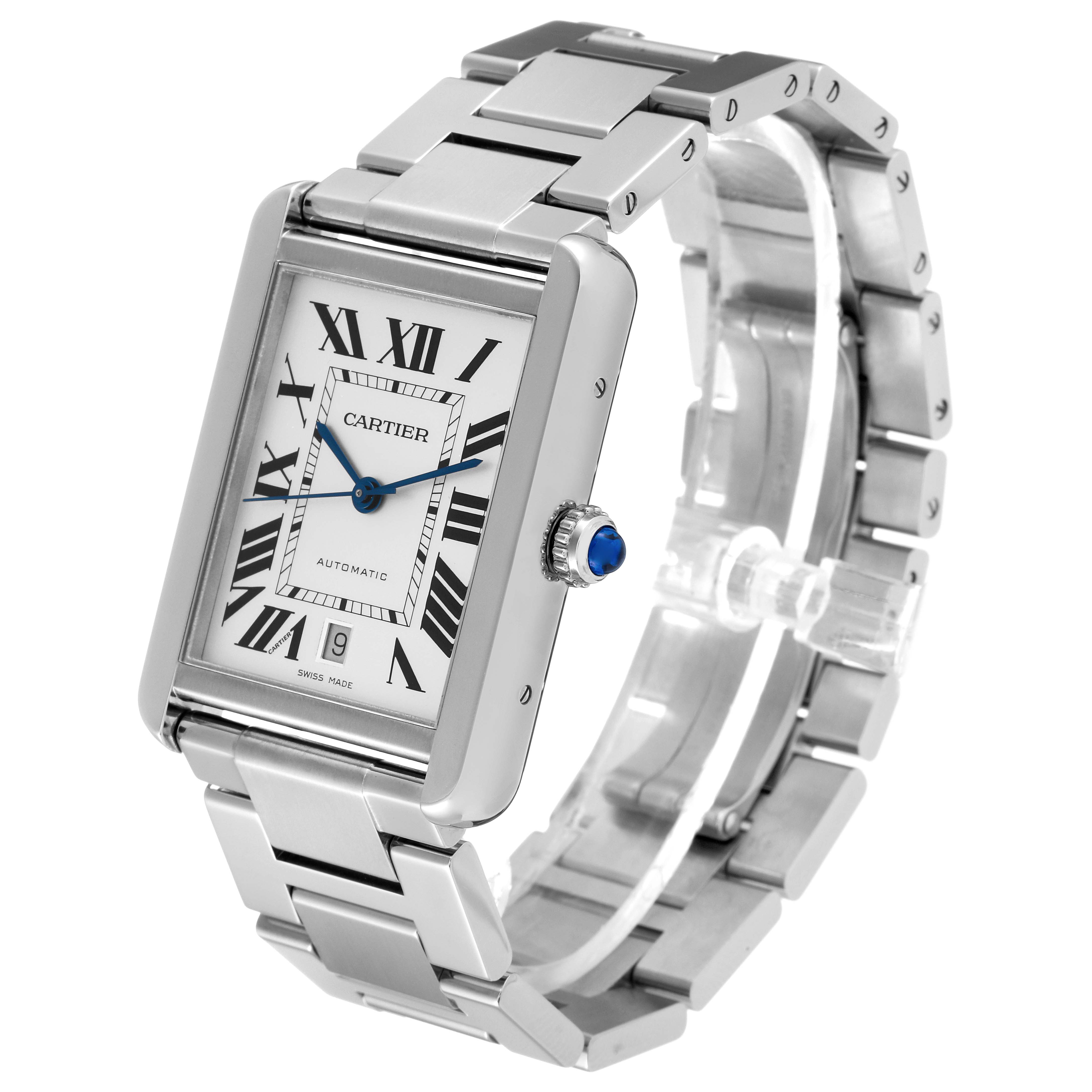 The image shows an angled side view of the Cartier Tank Solo W5200028 Men
s Stainless Steel Silver Dial W5200028 Men
s Stainless Steel Silver Dial watch, displaying its face, bracelet, and signature blue cabochon crown.