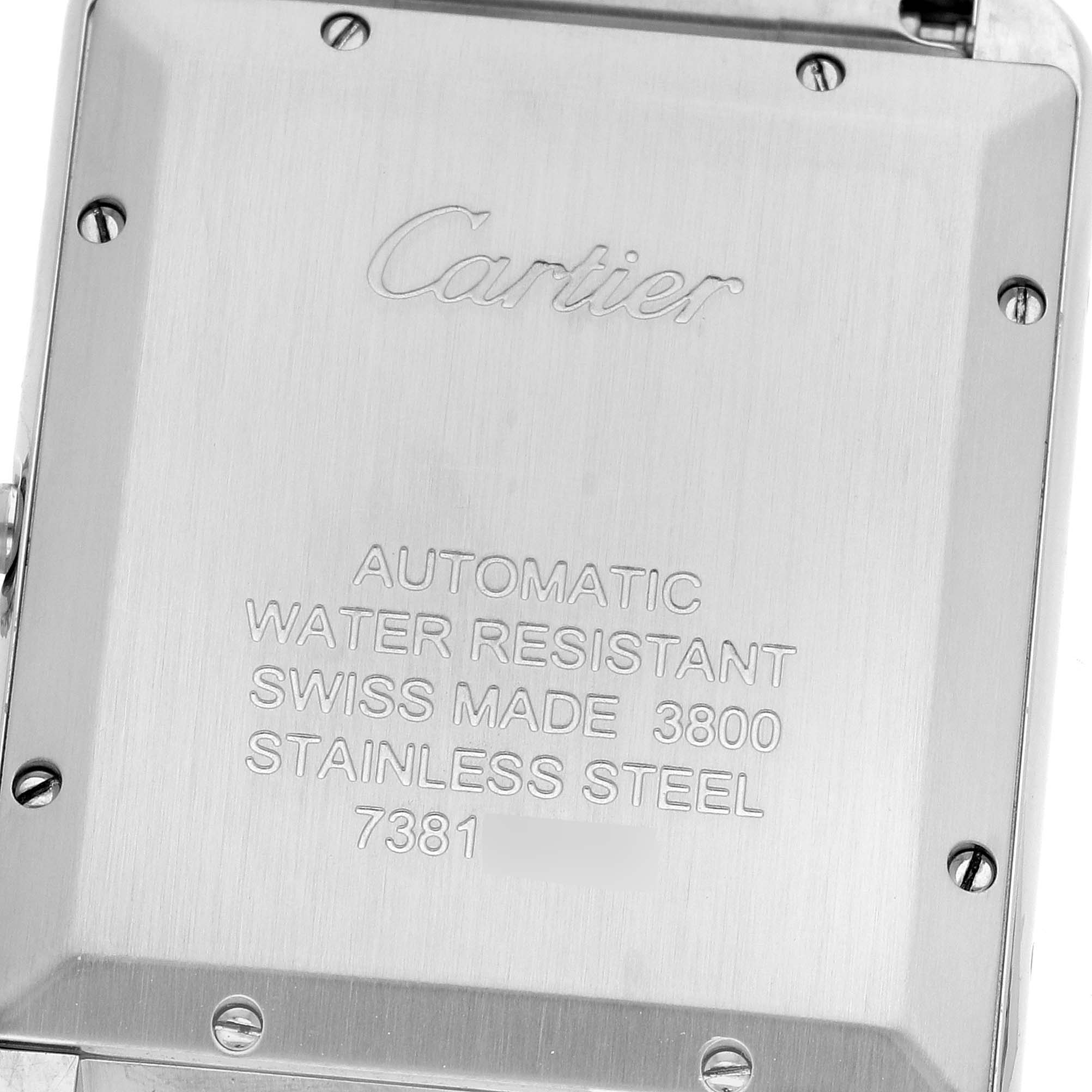 The image shows the back case of a Cartier Tank Solo W5200028 Men
s Stainless Steel Silver Dial W5200028 Men
s Stainless Steel Silver Dial watch, highlighting details such as the brand, material, and specifications.
