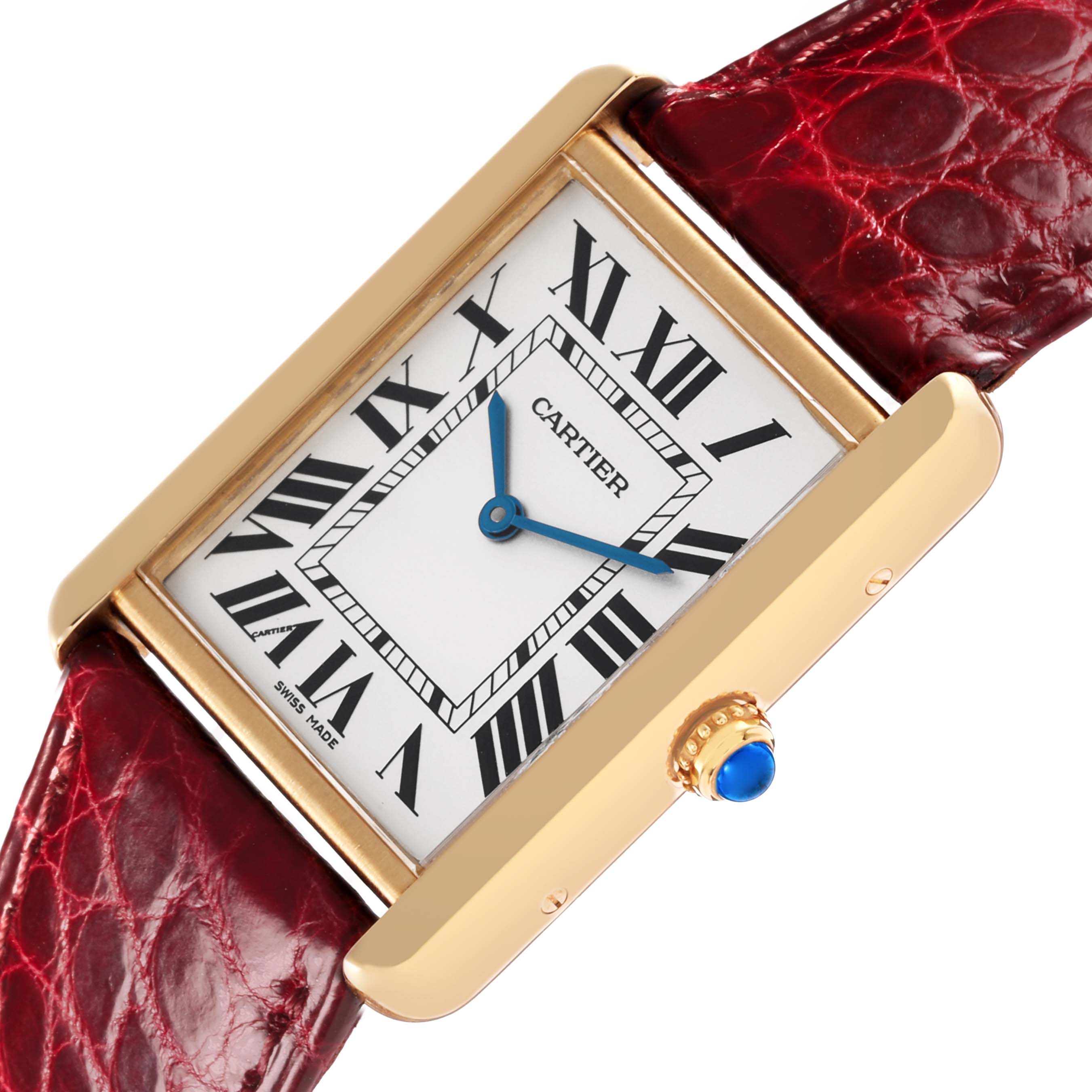 The Cartier Tank Solo W1018855 Men's Steel and Gold (two tone) Silver Dial W1018855 Men's Steel and Gold (two tone) Silver Dial watch is shown from an angled top view, highlighting the face, case, and part of the strap.