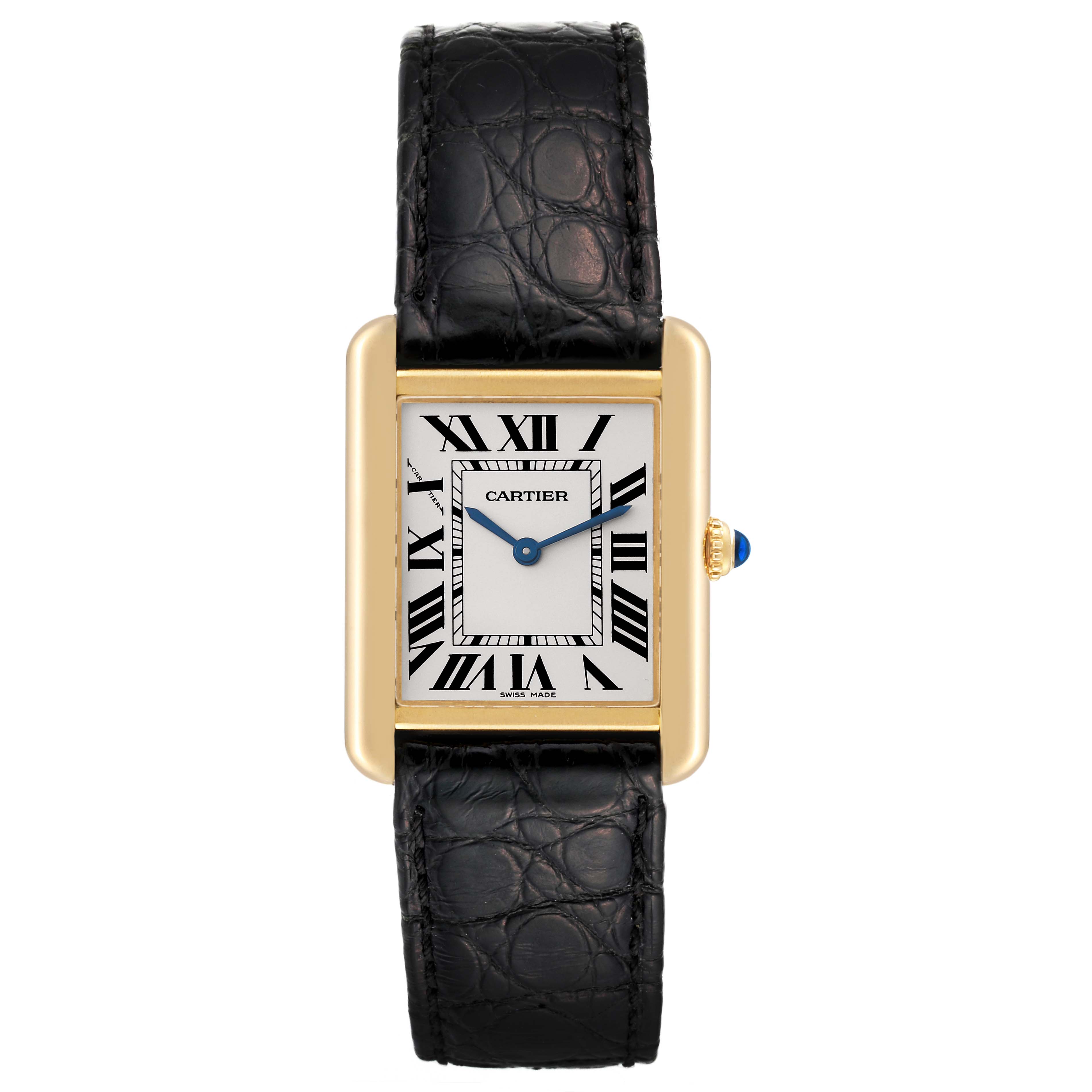 The image shows a front view of a Cartier Tank Solo W5200002 Women
s Steel and Gold (two tone) Silver Dial W5200002 Women
s Steel and Gold (two tone) Silver Dial watch with a black leather strap and a gold rectangular case.