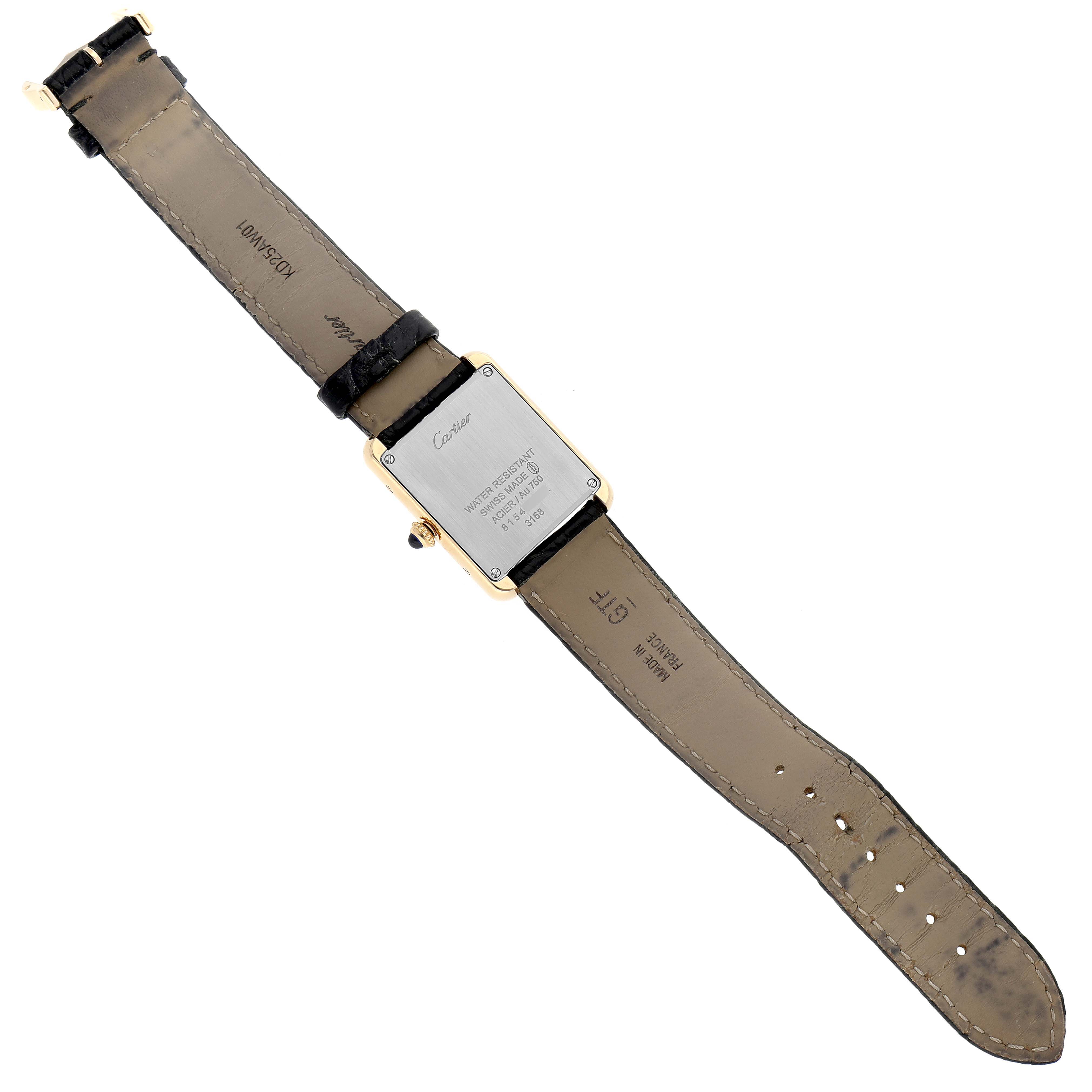 The image shows the back view of a Cartier Tank Solo W5200002 Women
s Steel and Gold (two tone) Silver Dial W5200002 Women
s Steel and Gold (two tone) Silver Dial watch, including the strap and case back details.