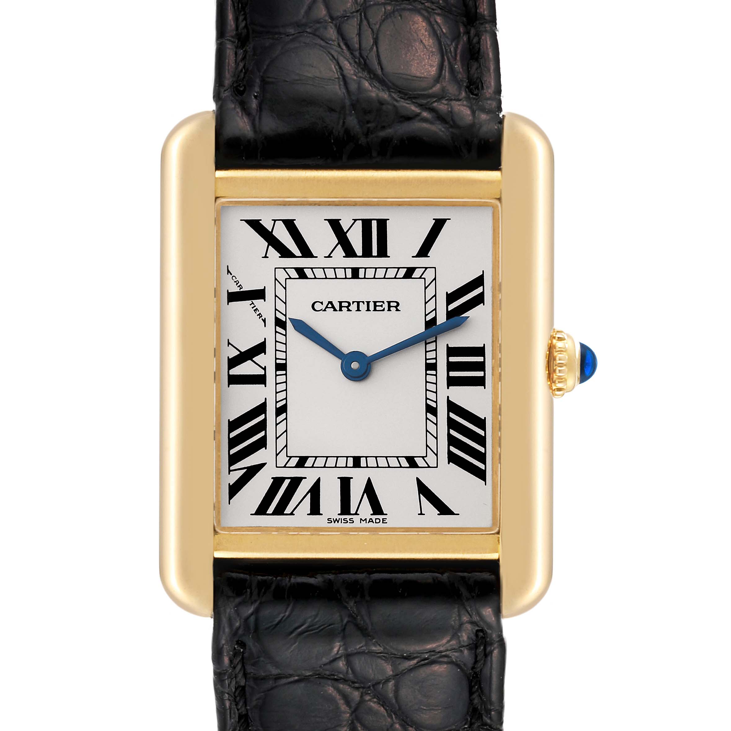 The image shows a frontal view of the Cartier Tank Solo W5200002 Women
s Steel and Gold (two tone) Silver Dial W5200002 Women
s Steel and Gold (two tone) Silver Dial watch, displaying its face, strap, and crown.