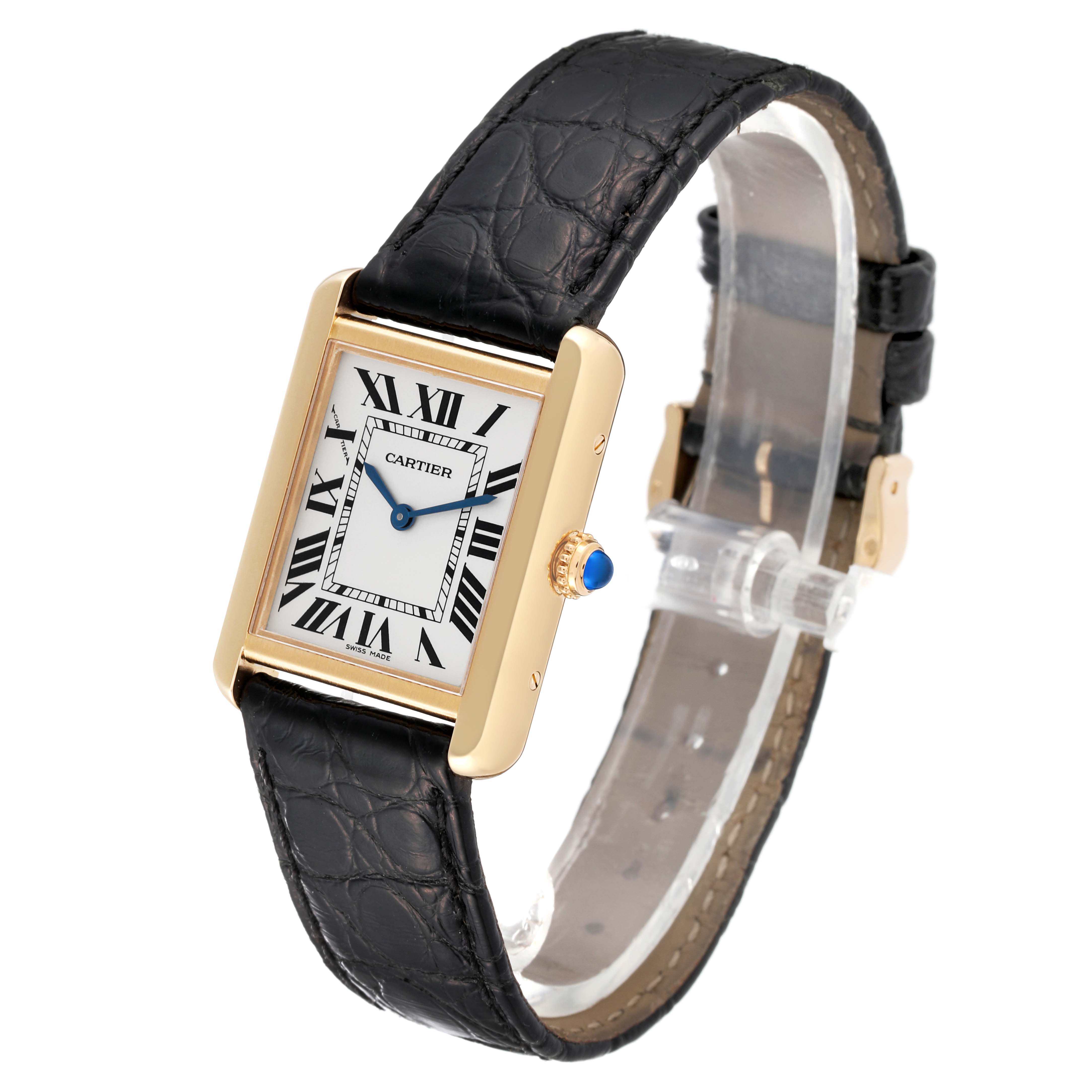 The image shows a Cartier Tank Solo W5200002 Women
s Steel and Gold (two tone) Silver Dial W5200002 Women
s Steel and Gold (two tone) Silver Dial watch at a slight angle, highlighting its rectangular face and black leather strap.