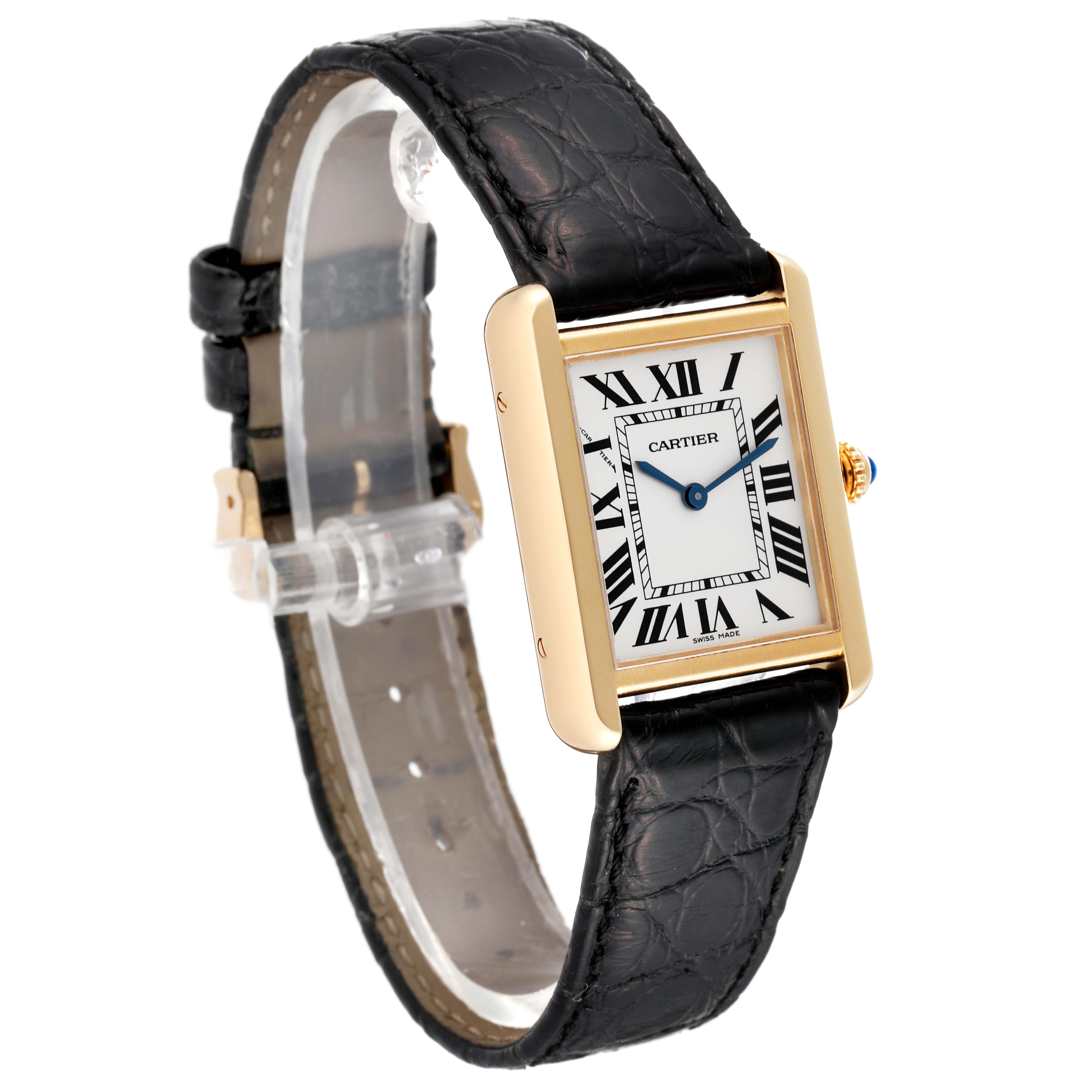 The Cartier Tank Solo W5200002 Women
s Steel and Gold (two tone) Silver Dial W5200002 Women
s Steel and Gold (two tone) Silver Dial watch is shown at a three-quarter angle, showcasing the face, leather strap, and crown.