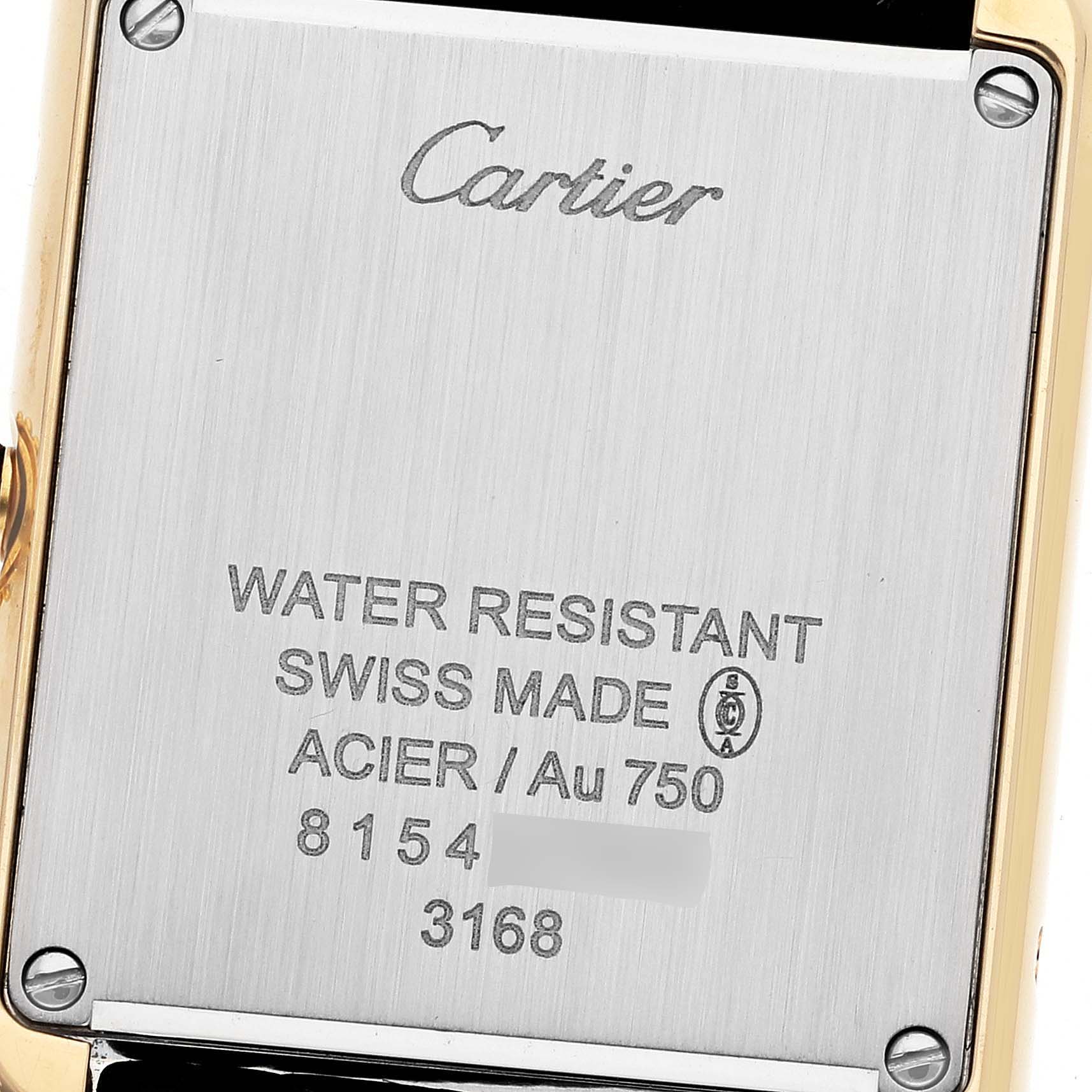 This image shows the back casing of a Cartier Tank Solo W5200002 Women
s Steel and Gold (two tone) Silver Dial W5200002 Women
s Steel and Gold (two tone) Silver Dial watch, highlighting its water resistance and Swiss-made details.