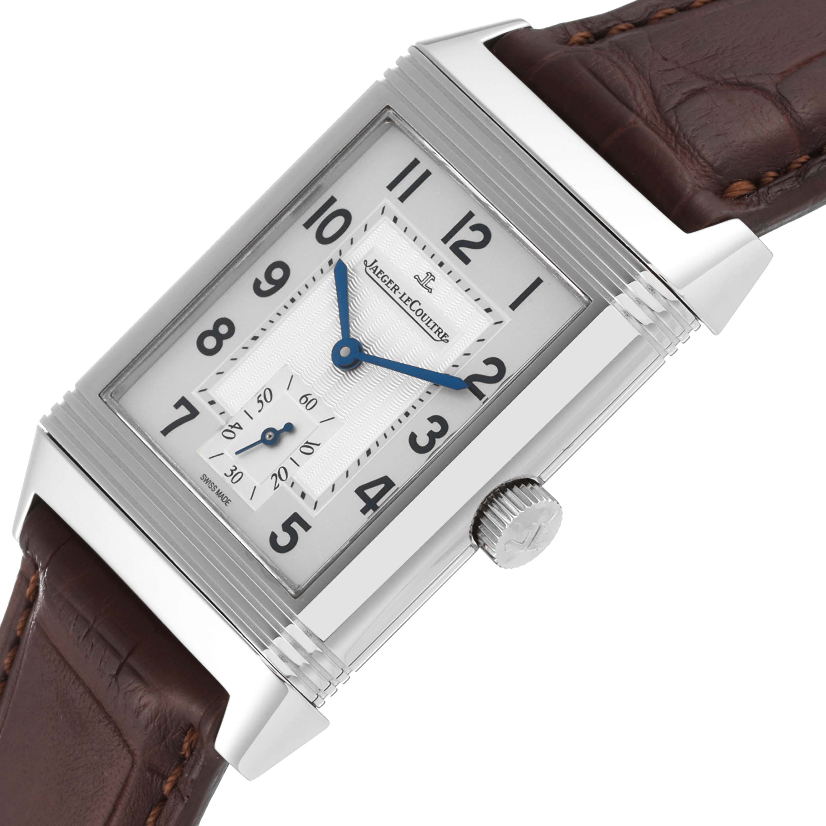 The image shows a Jaeger LeCoultre Reverso Q3858520 Men's Stainless Steel Silver Dial Q3858520 Men's Stainless Steel Silver Dial watch at a slight angle, highlighting its dial, case, crown, and leather strap.