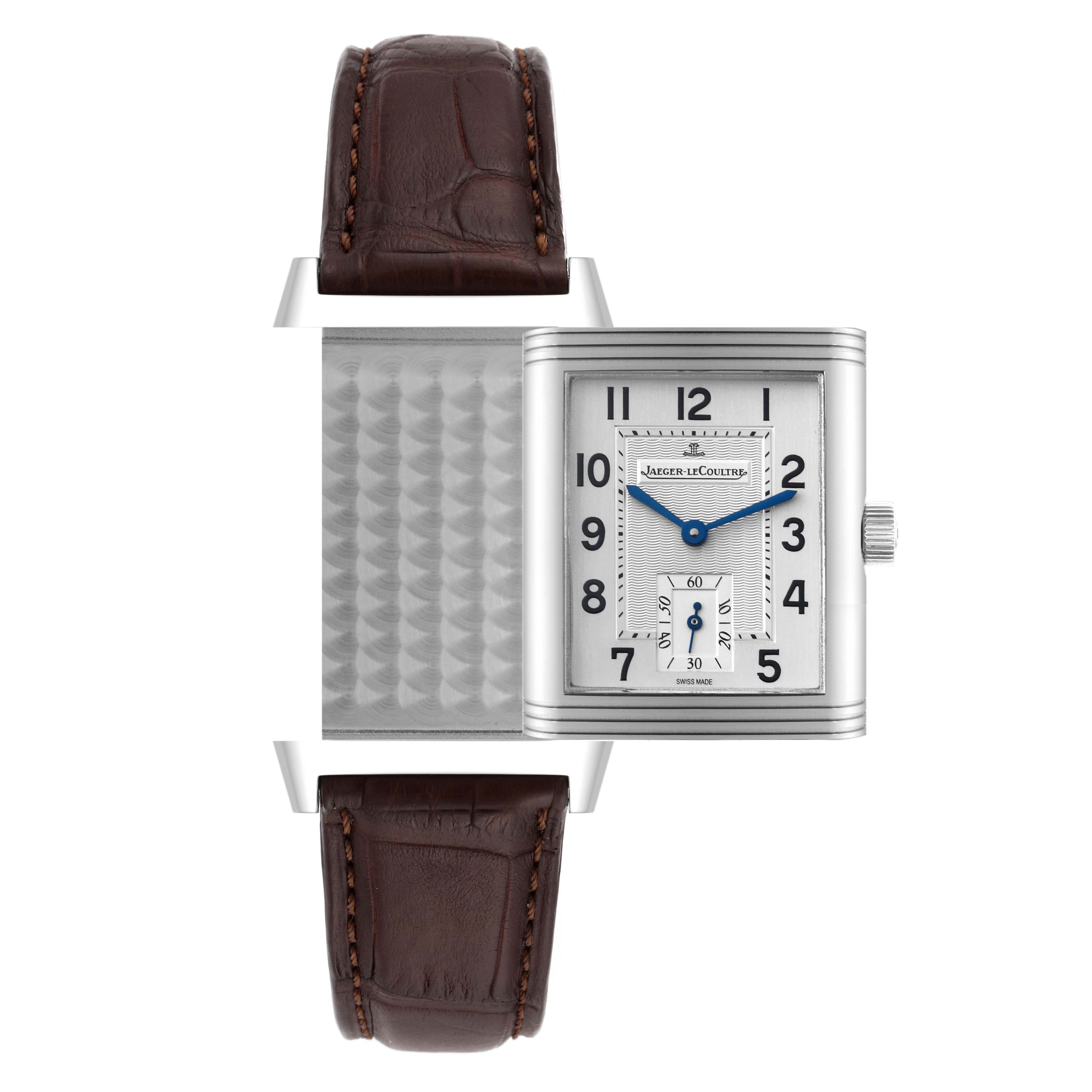 The Jaeger LeCoultre Reverso Q3858520 Men's Stainless Steel Silver Dial Q3858520 Men's Stainless Steel Silver Dial watch is shown at a straight-on angle, featuring the dial, brown leather strap, and reversible case mechanism.