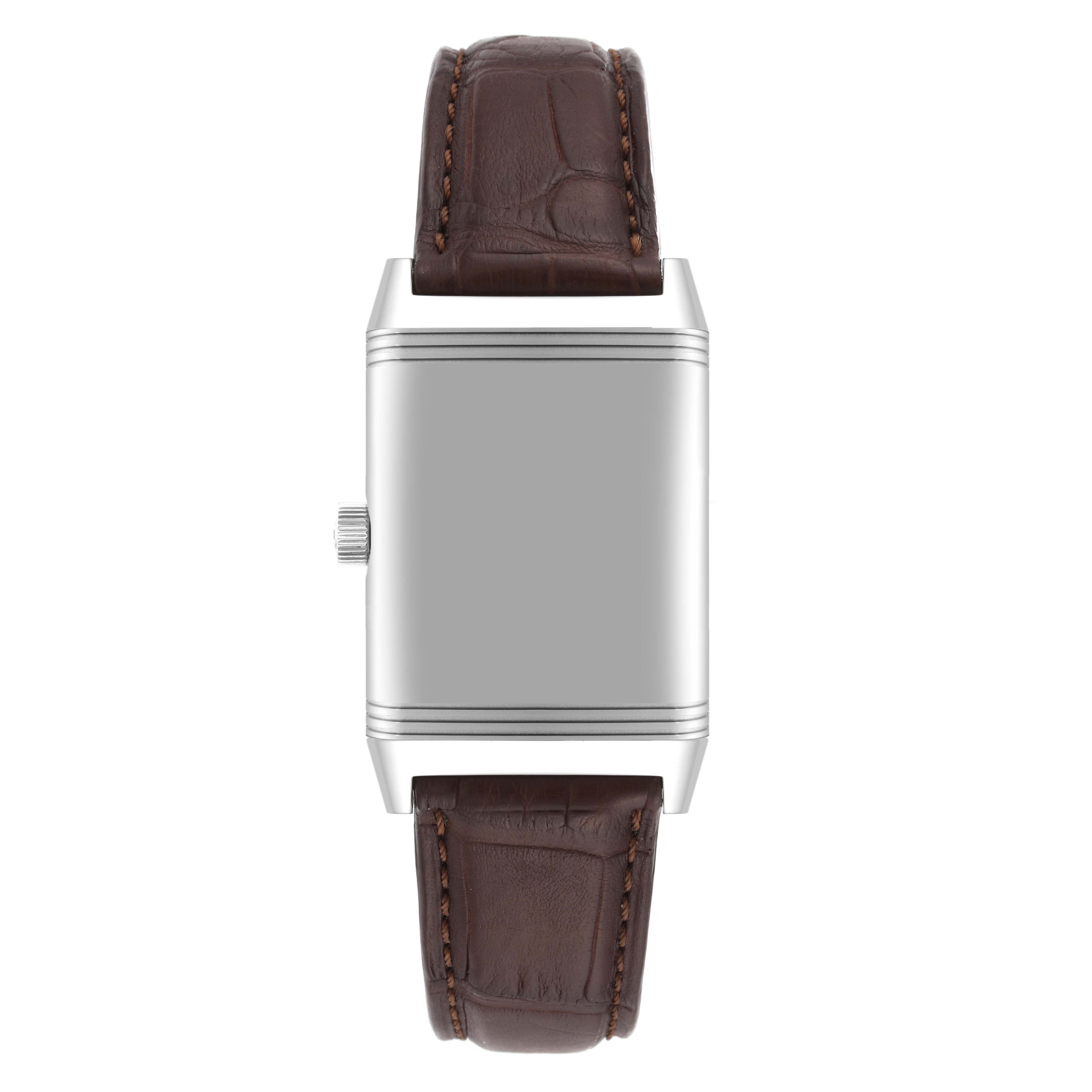 This image shows the front view of a Jaeger LeCoultre Reverso Q3858520 Men's Stainless Steel Silver Dial Q3858520 Men's Stainless Steel Silver Dial watch, highlighting the case and brown leather strap.