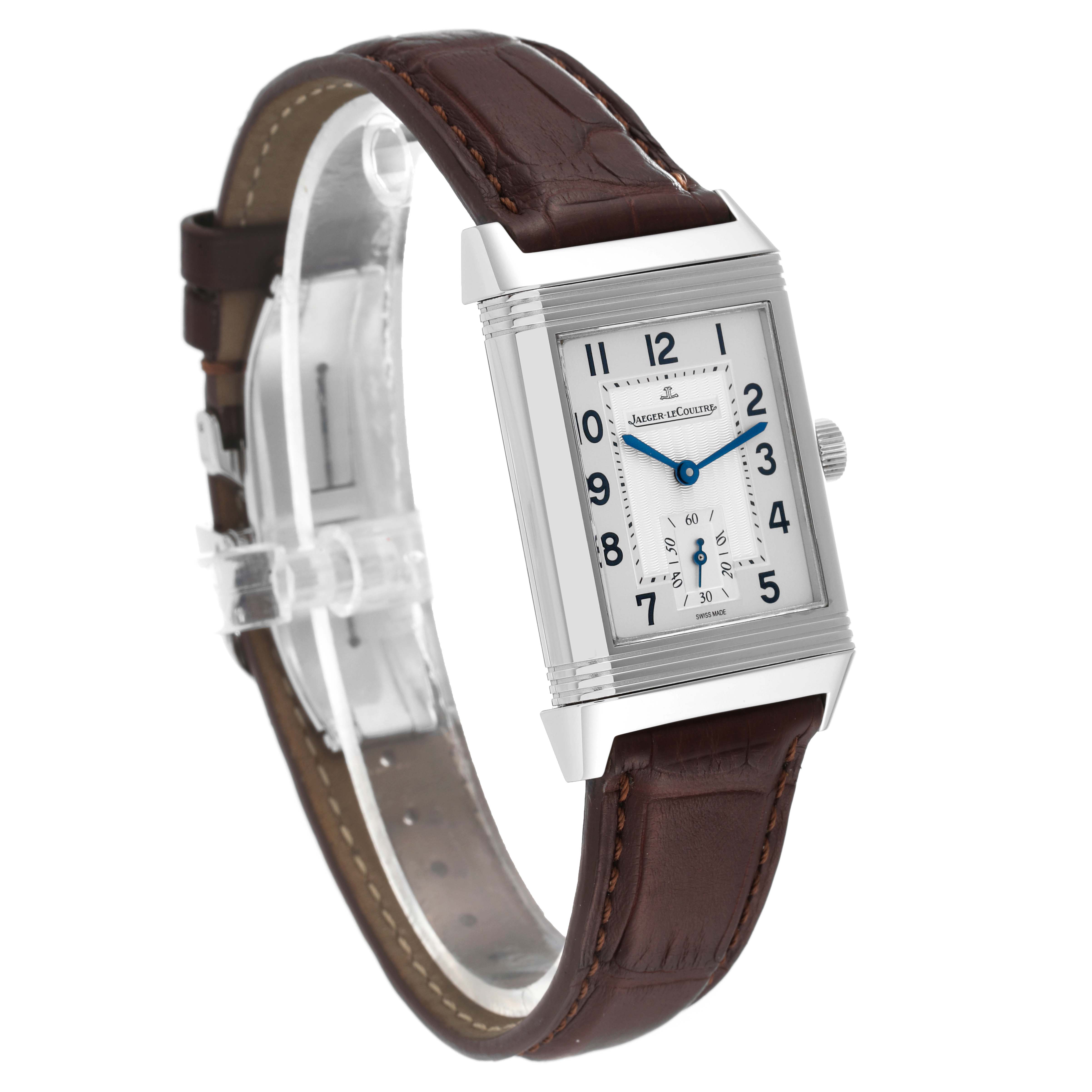 This image shows a Jaeger LeCoultre Reverso Q3858520 Men's Stainless Steel Silver Dial Q3858520 Men's Stainless Steel Silver Dial model watch at a slight angle, highlighting its rectangular dial, blue hands, and brown leather strap.