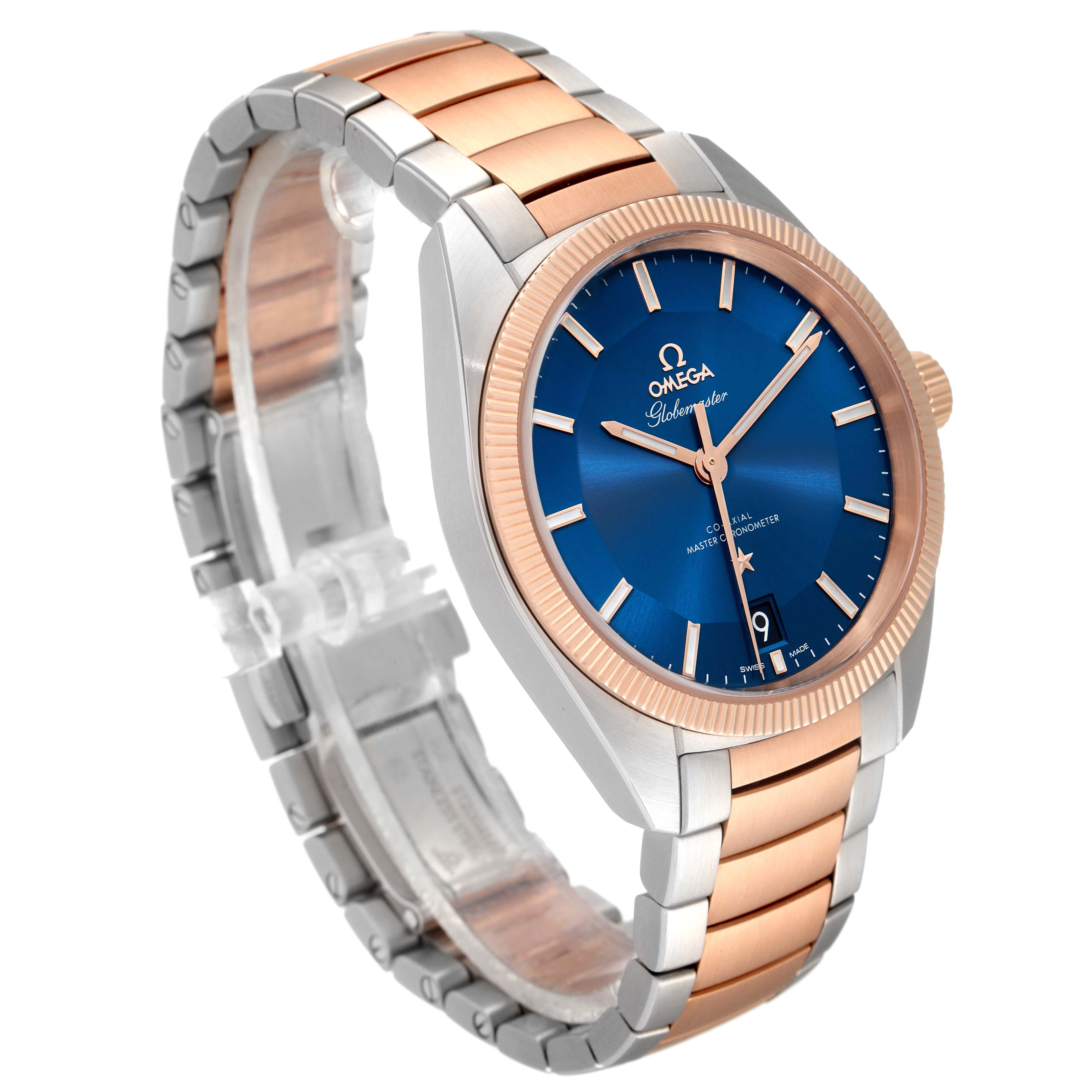 This image shows the Omega Constellation 130.20.39.21.03.001 Men's Steel and Gold (two tone) Blue Dial 130.20.39.21.03.001 Men's Steel and Gold (two tone) Blue Dial watch at a slight angle, displaying its blue dial, two-tone bracelet, and rose gold bezel.