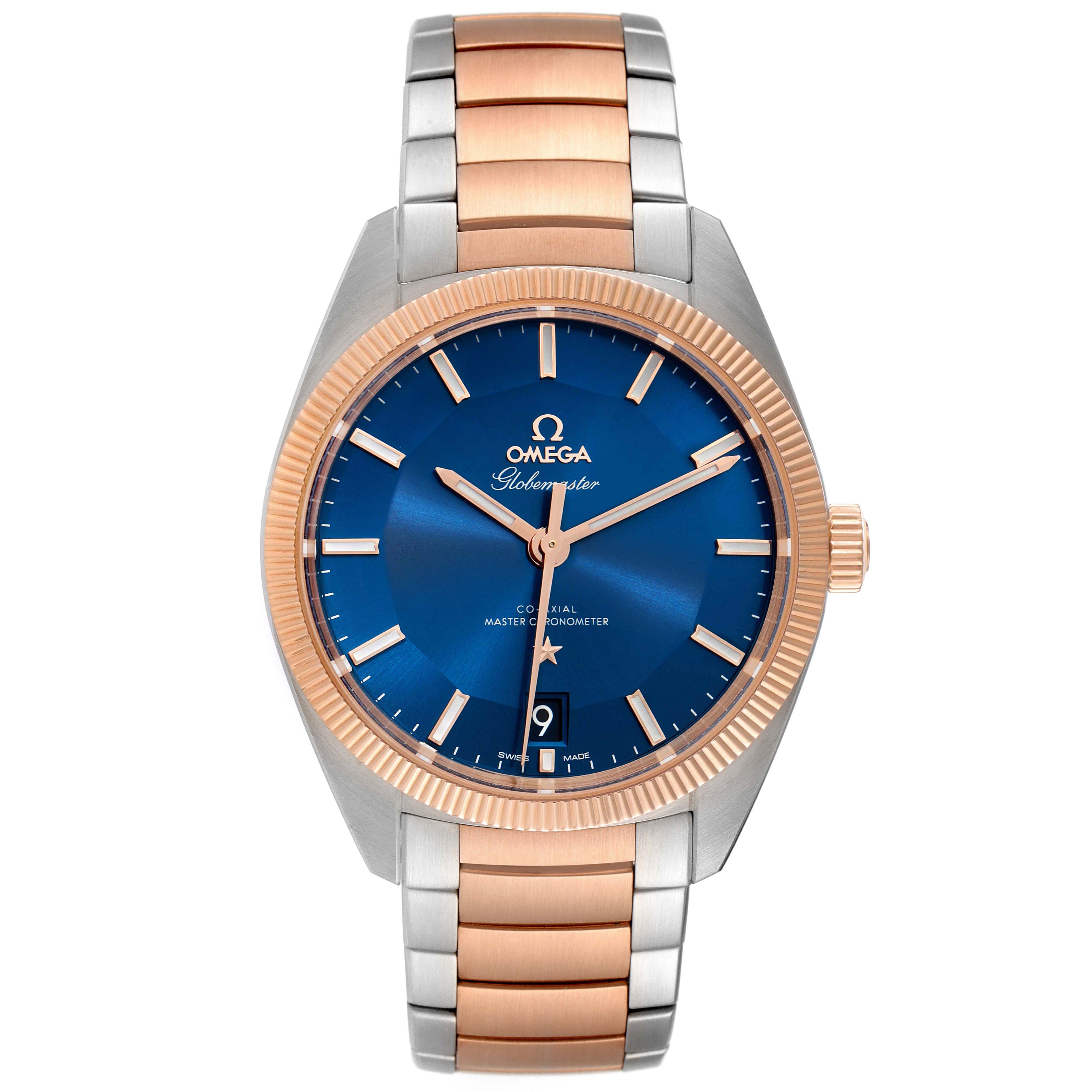 The image shows a frontal view of the Omega Constellation 130.20.39.21.03.001 Men's Steel and Gold (two tone) Blue Dial 130.20.39.21.03.001 Men's Steel and Gold (two tone) Blue Dial watch, displaying the face, bezel, and part of the bracelet.