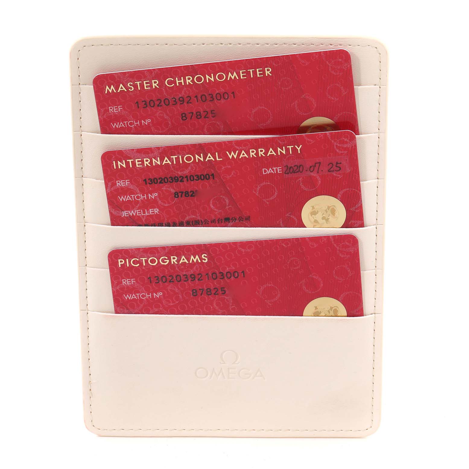 The image shows three cards, including Master Chronometer, International Warranty, and Pictograms, associated with the Omega Constellation 130.20.39.21.03.001 Men's Steel and Gold (two tone) Blue Dial 130.20.39.21.03.001 Men's Steel and Gold (two tone) Blue Dial model.