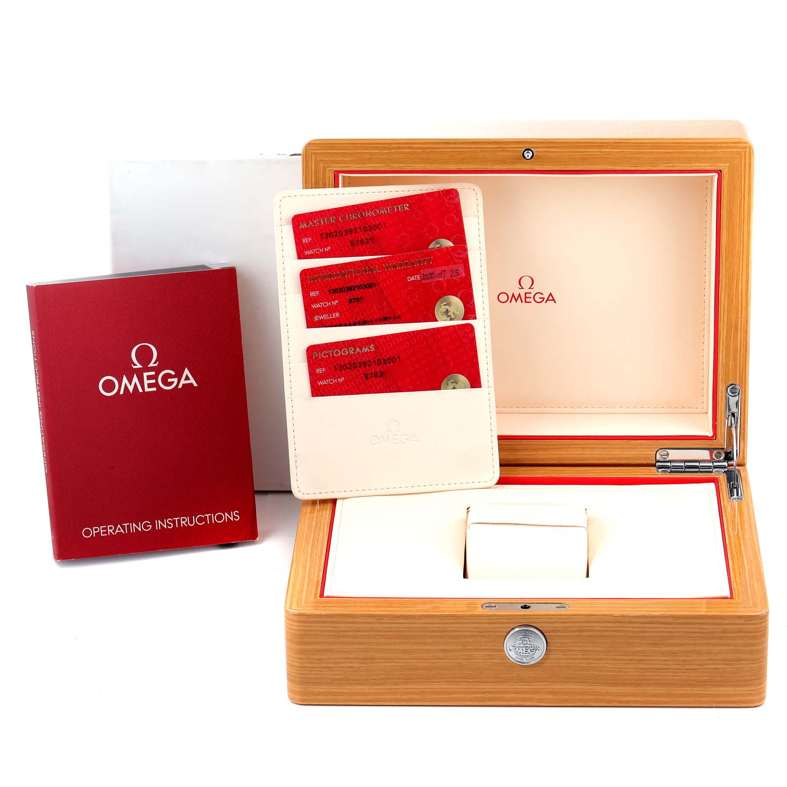 This image shows an Omega Constellation 130.20.39.21.03.001 Men's Steel and Gold (two tone) Blue Dial 130.20.39.21.03.001 Men's Steel and Gold (two tone) Blue Dial watch box, operating instructions, and certification cards angled from the front.