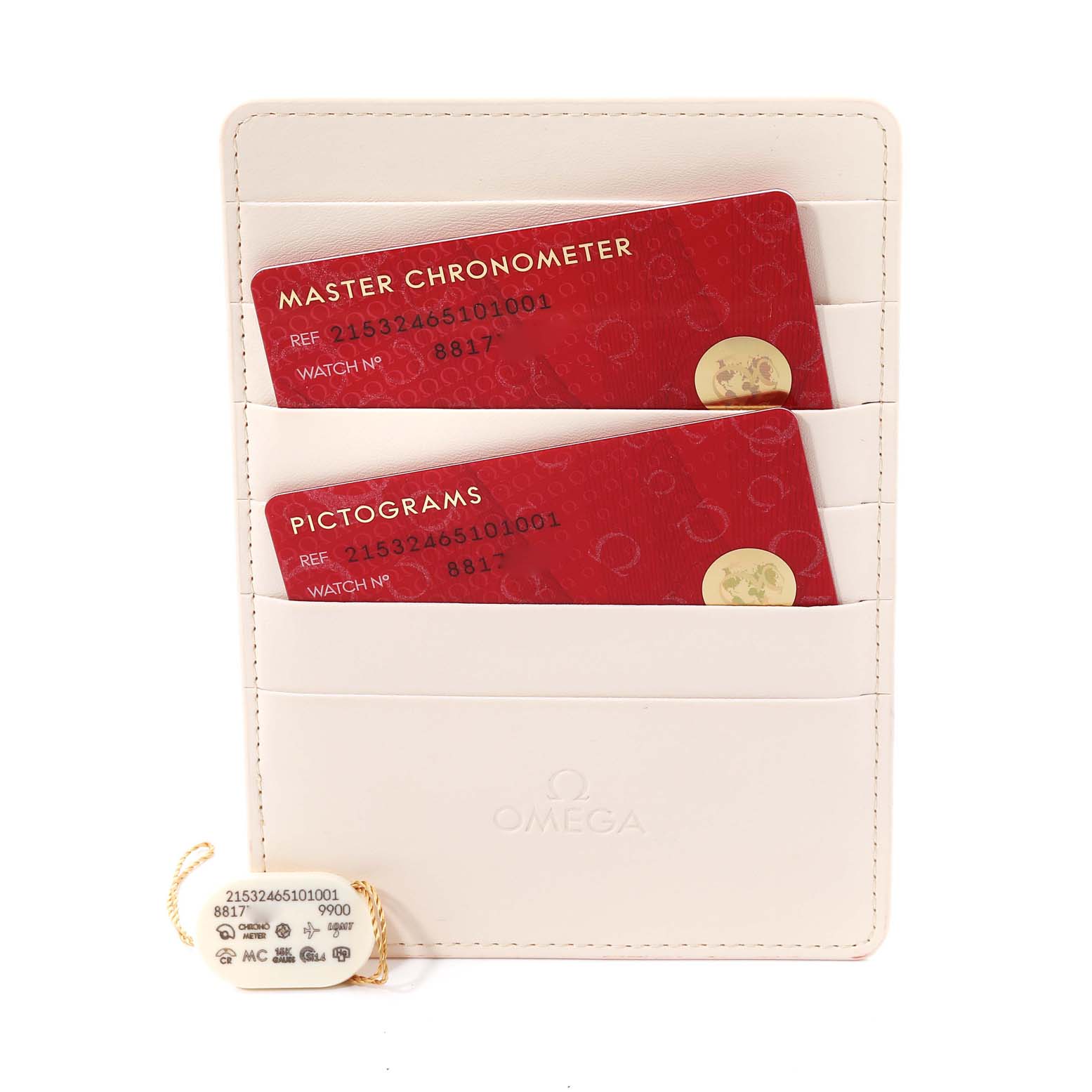 The image shows official cards and a tag for the Omega Planet Ocean 215.32.46.51.01.001 Men
s Stainless Steel Black Dial 215.32.46.51.01.001 Men
s Stainless Steel Black Dial model, positioned in a card holder.