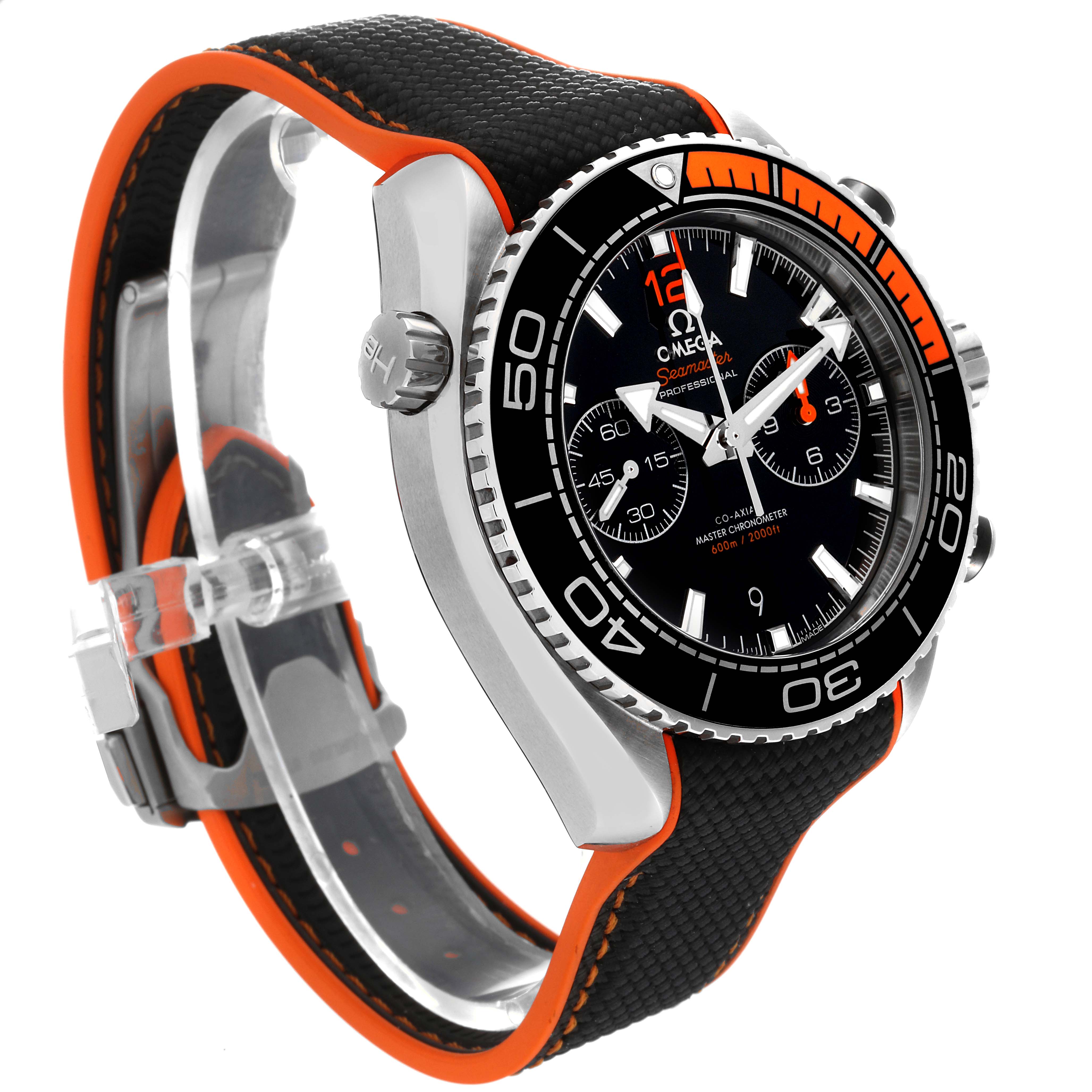 The image shows an angled view of the Omega Planet Ocean 215.32.46.51.01.001 Men
s Stainless Steel Black Dial 215.32.46.51.01.001 Men
s Stainless Steel Black Dial watch, displaying its face, bezel, crown, and strap.