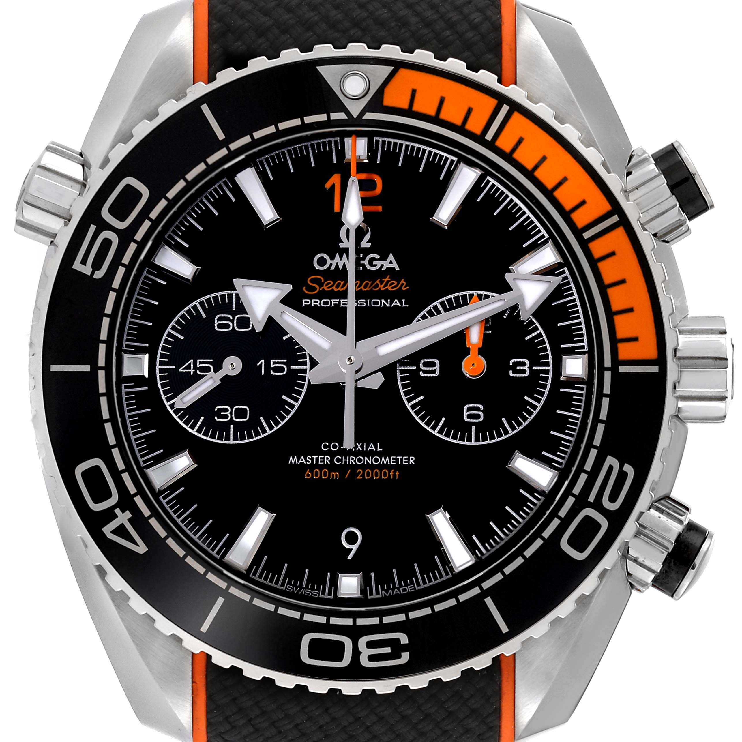 The image shows a front view of the Omega Planet Ocean 215.32.46.51.01.001 Men
s Stainless Steel Black Dial 215.32.46.51.01.001 Men
s Stainless Steel Black Dial Seamaster watch, highlighting its dial, bezel, and chronograph features.