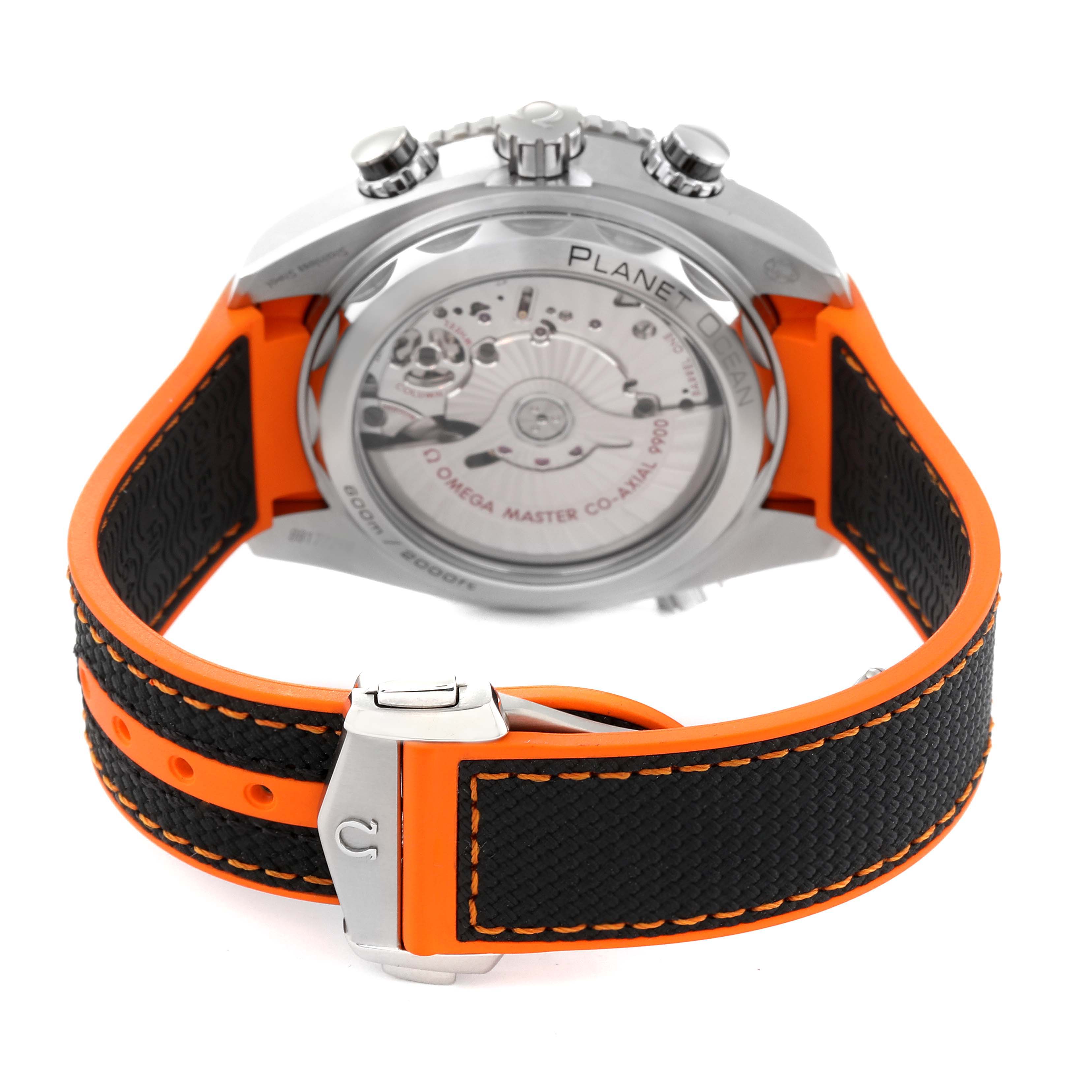 This image of the Omega Planet Ocean 215.32.46.51.01.001 Men
s Stainless Steel Black Dial 215.32.46.51.01.001 Men
s Stainless Steel Black Dial watch shows the back case and the orange and black strap.