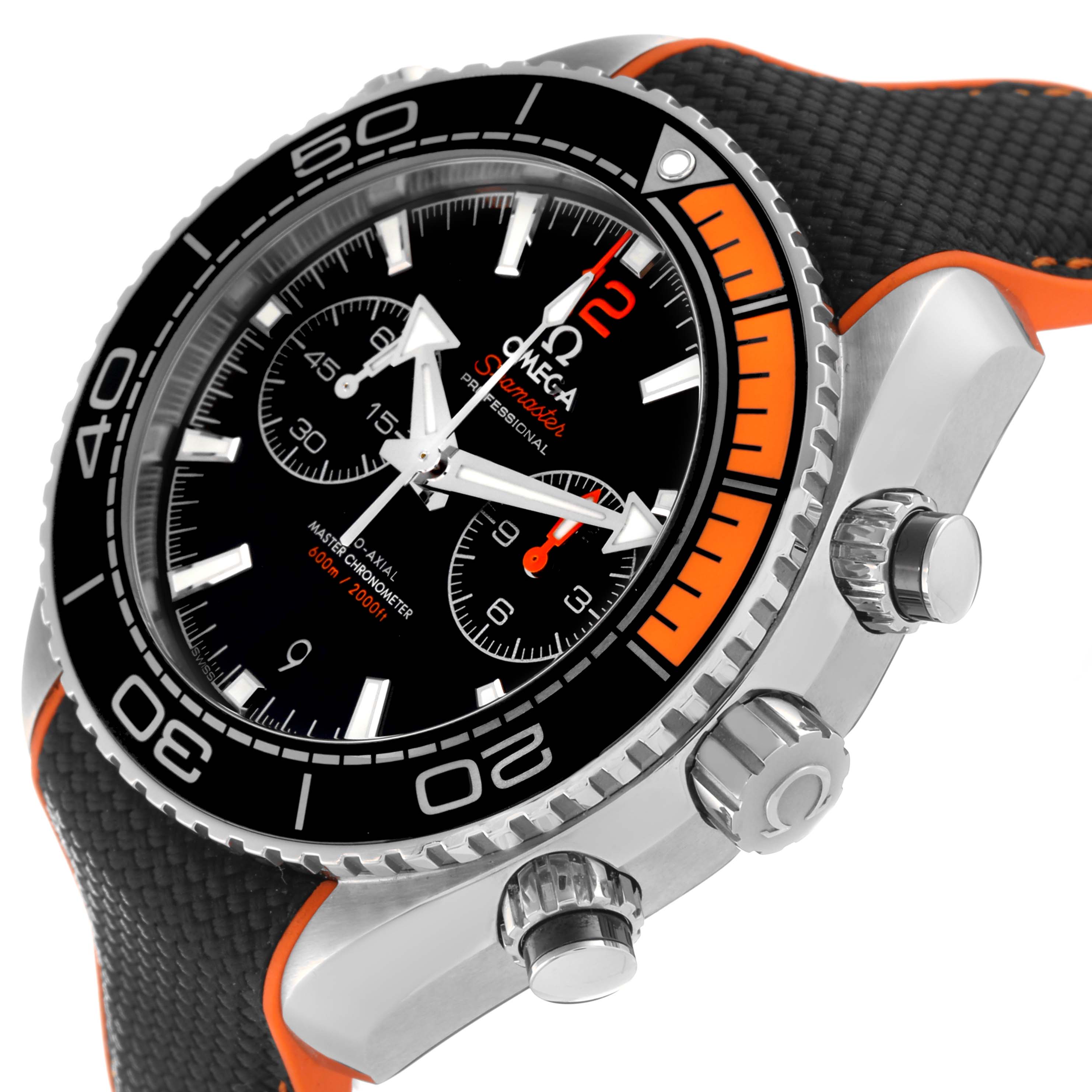 The Omega Planet Ocean 215.32.46.51.01.001 Men
s Stainless Steel Black Dial 215.32.46.51.01.001 Men
s Stainless Steel Black Dial model is shown at a tilted angle, highlighting its bezel, dial, and crown.