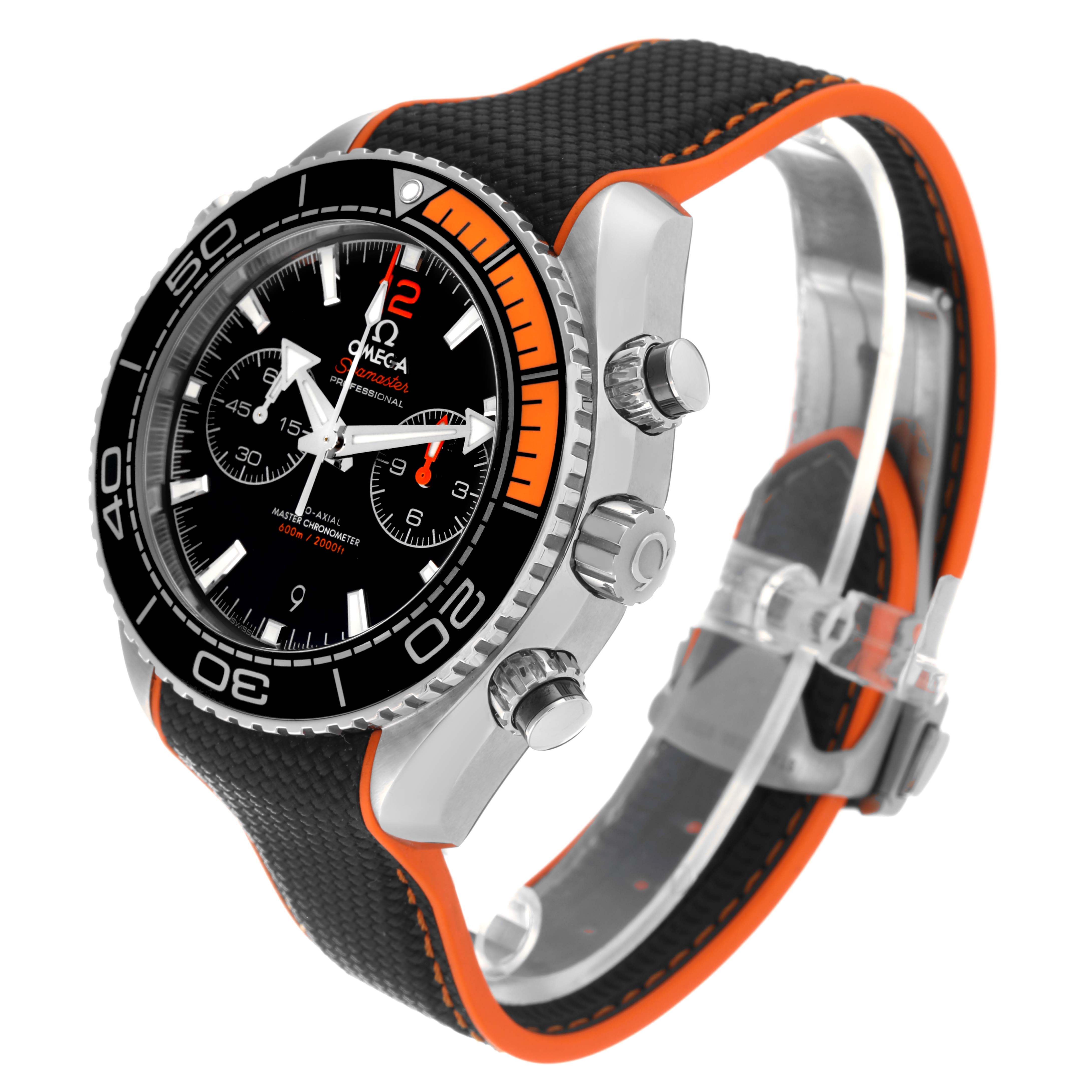 The watch is an Omega Planet Ocean 215.32.46.51.01.001 Men
s Stainless Steel Black Dial 215.32.46.51.01.001 Men
s Stainless Steel Black Dial model, shown at a three-quarter angle, highlighting the bezel, crown, pushers, and strap.