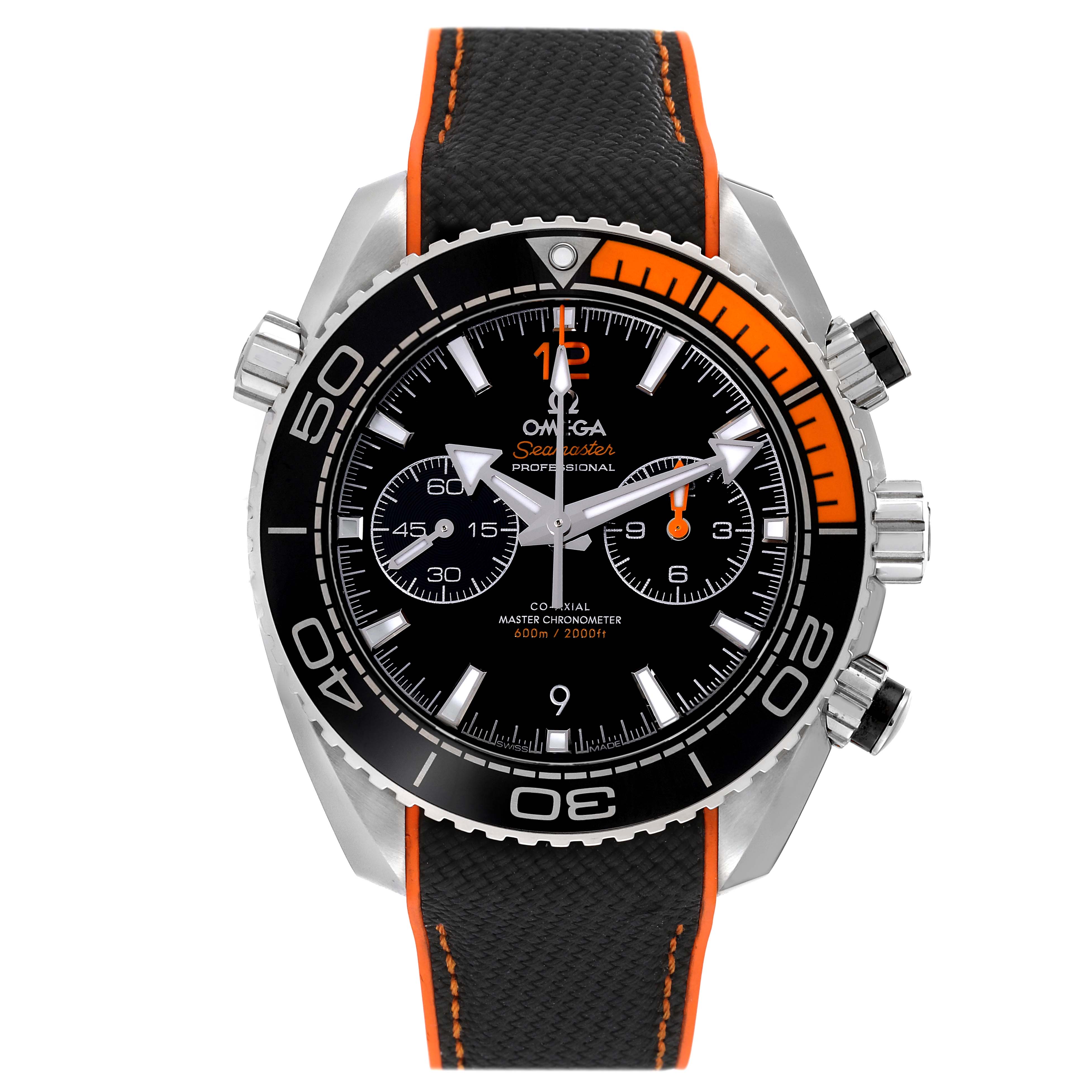 This image shows a front view of the Omega Planet Ocean 215.32.46.51.01.001 Men
s Stainless Steel Black Dial 215.32.46.51.01.001 Men
s Stainless Steel Black Dial model watch, displaying its bezel, dial, and strap with orange accents.