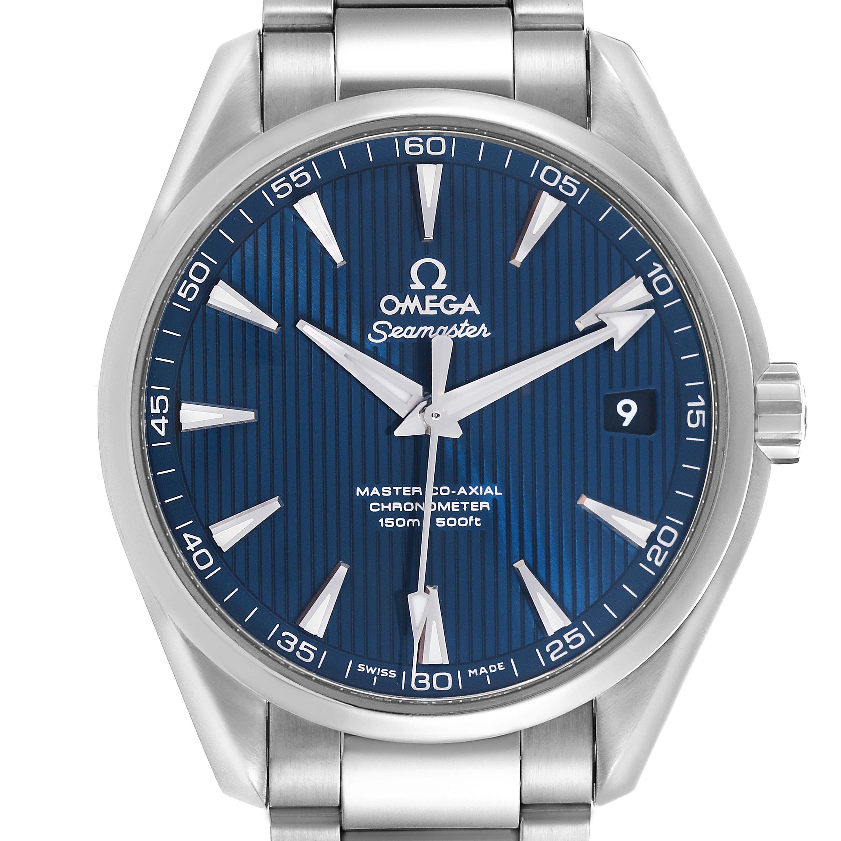 The image shows a front view of an Omega Aqua Terra 231.10.42.21.03.003 Men's Stainless Steel Blue Dial 231.10.42.21.03.003 Men's Stainless Steel Blue Dial watch, highlighting its blue dial, hour markers, and stainless steel bracelet.