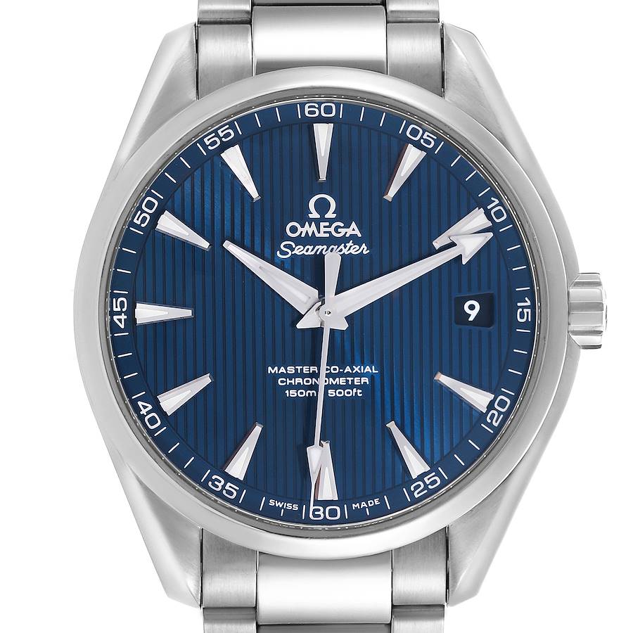 The image shows a front view of an Omega Aqua Terra watch, highlighting its blue dial, hour markers, and stainless steel bracelet.