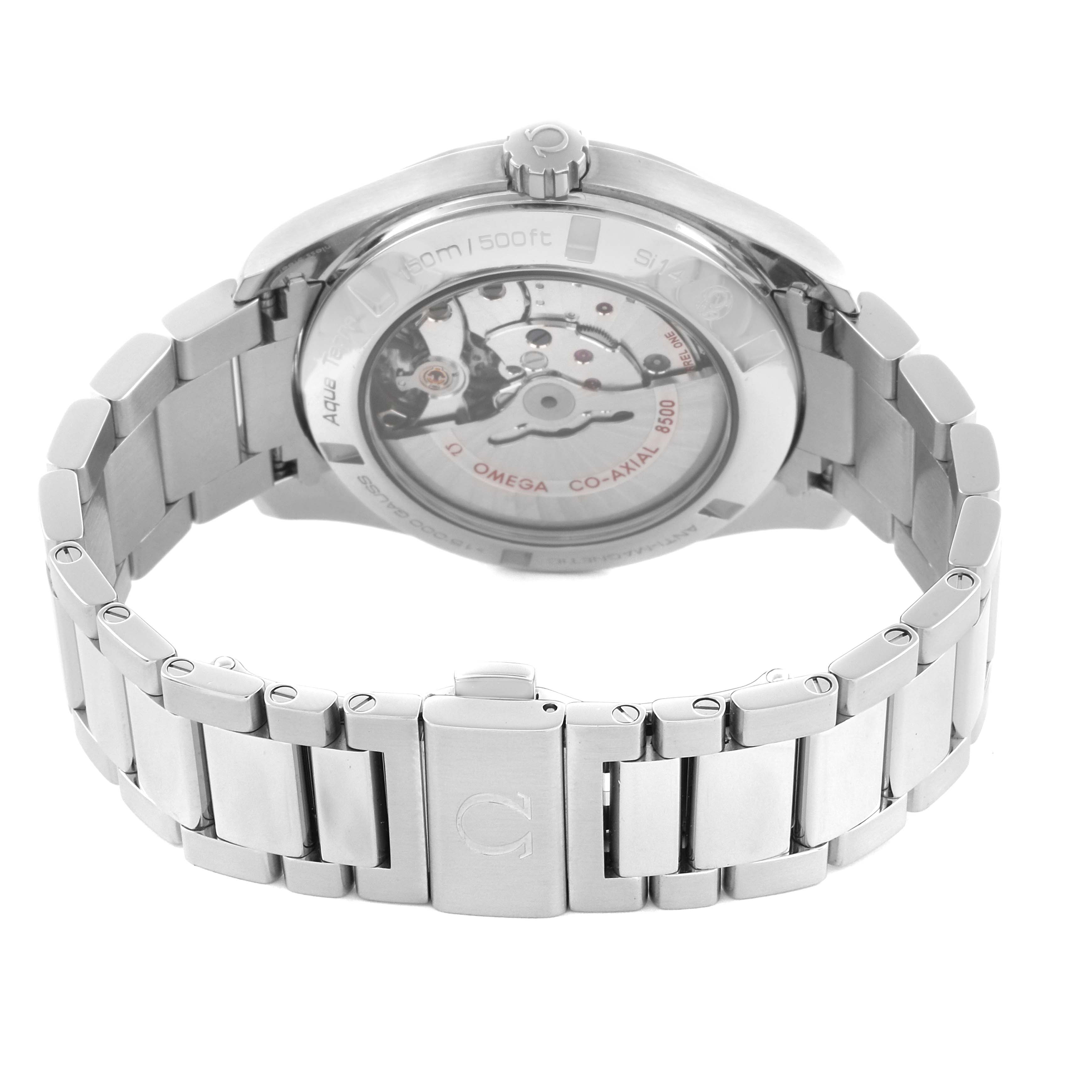 The Omega Aqua Terra 231.10.42.21.03.003 Men's Stainless Steel Blue Dial 231.10.42.21.03.003 Men's Stainless Steel Blue Dial watch is shown from the back, displaying its movement and part of the metal bracelet.