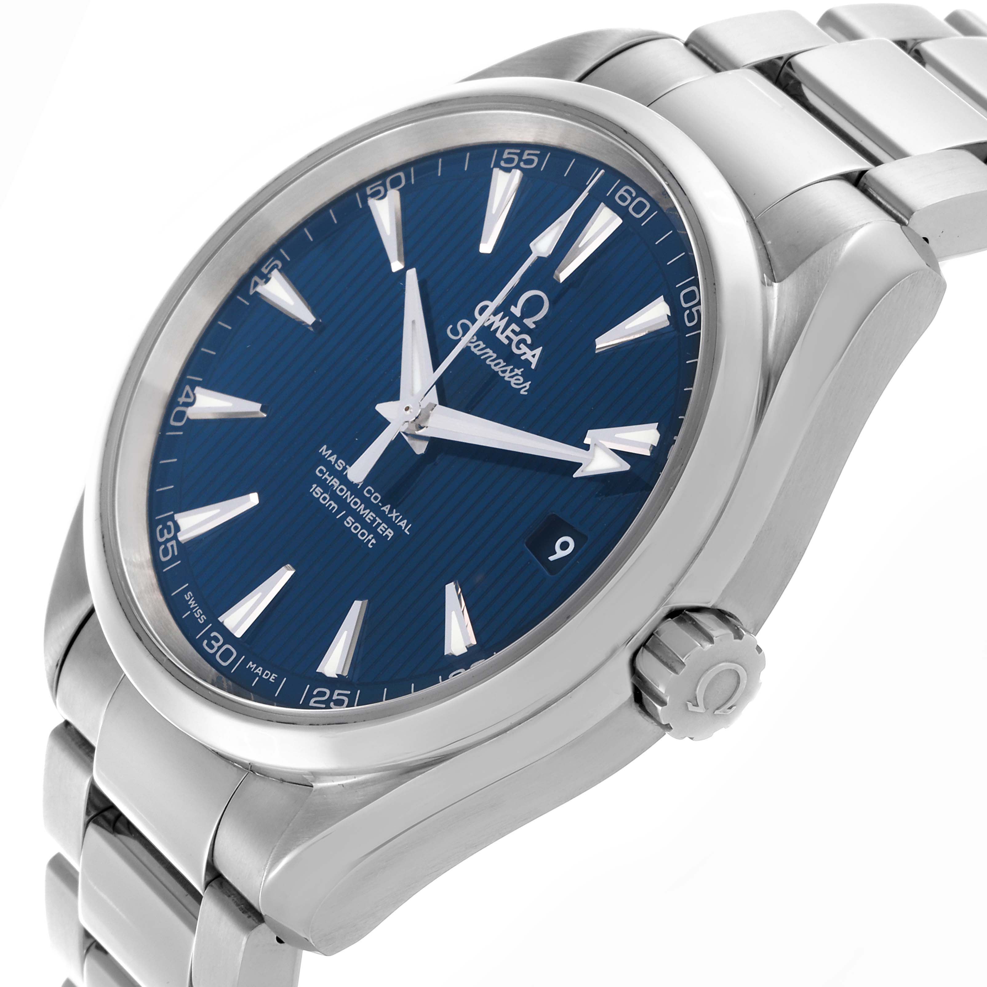 The Omega Aqua Terra 231.10.42.21.03.003 Men's Stainless Steel Blue Dial 231.10.42.21.03.003 Men's Stainless Steel Blue Dial watch is shown from a three-quarter angle, highlighting the dial, bezel, crown, and part of the bracelet.